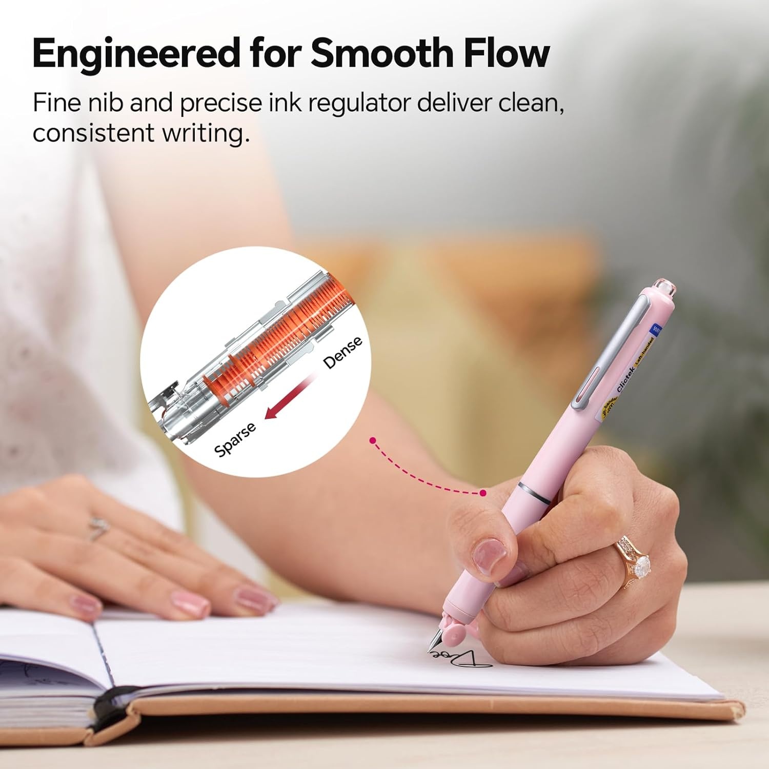 image:imageWRITECH Left Handed Fountain Pen Fine Nib Retractable Style Black Ink Set Includes 5 Ink Cartridges Smooth Writing for Calligraphy Journaling Office GiftPink