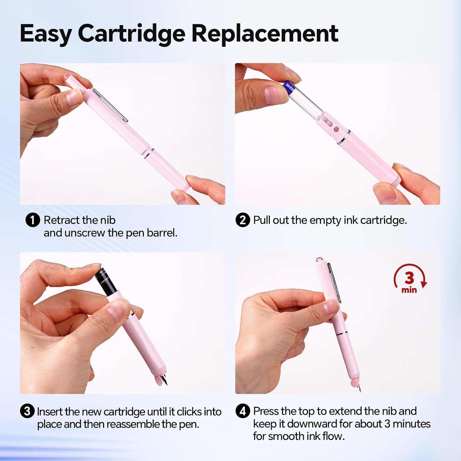 image:imageWRITECH Left Handed Fountain Pen Fine Nib Retractable Style Black Ink Set Includes 5 Ink Cartridges Smooth Writing for Calligraphy Journaling Office GiftPink