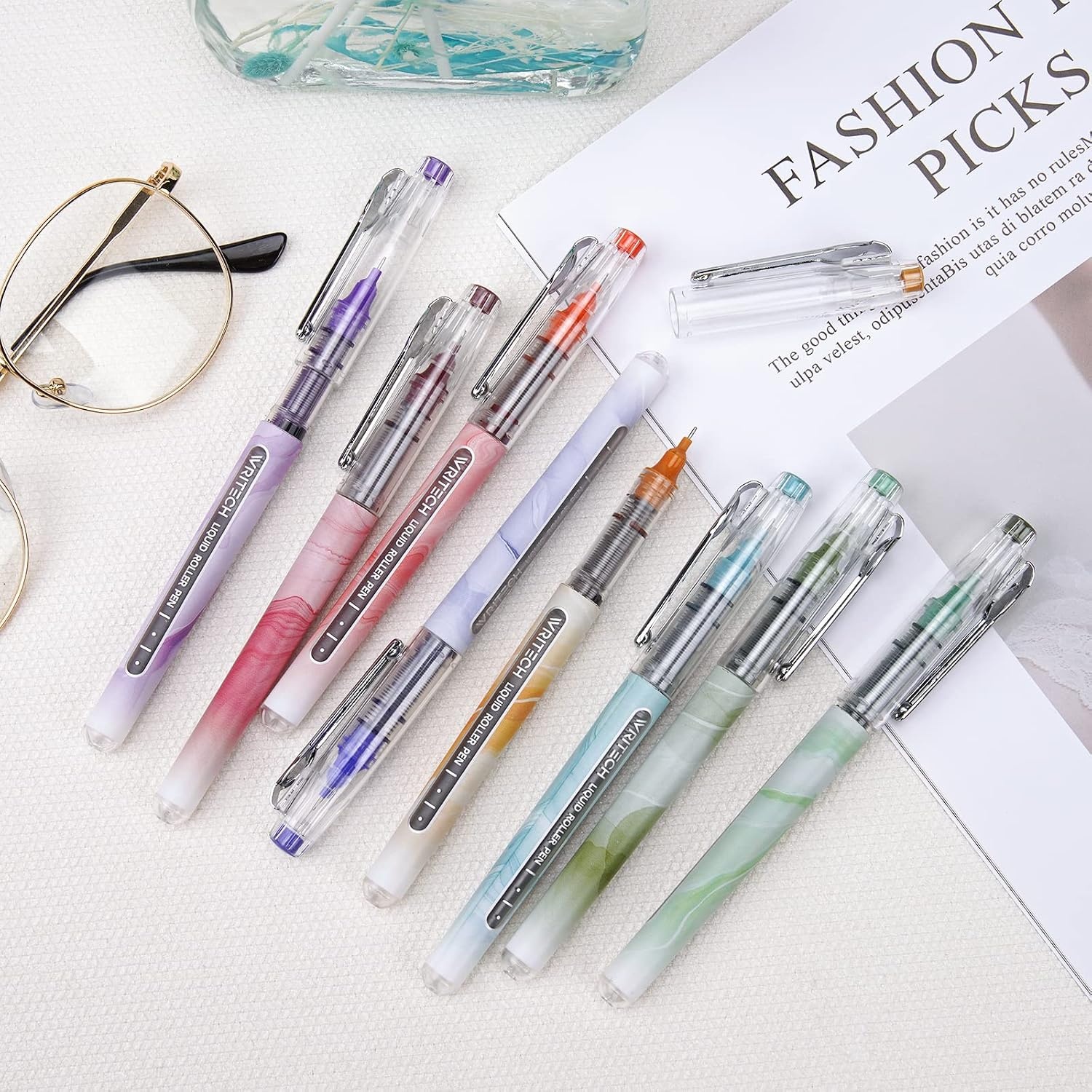 image:imageWRITECH Liquid Ink Rollerball Pens Multi Colored 05mm Extra Fine Point Tip Rolling Roller Ball Pen 8ct Assorted Colors for Journaling Smooth Writing Note Taking No Bleed amp Smudge amp SmearAssorted Colors 05mm 8ct