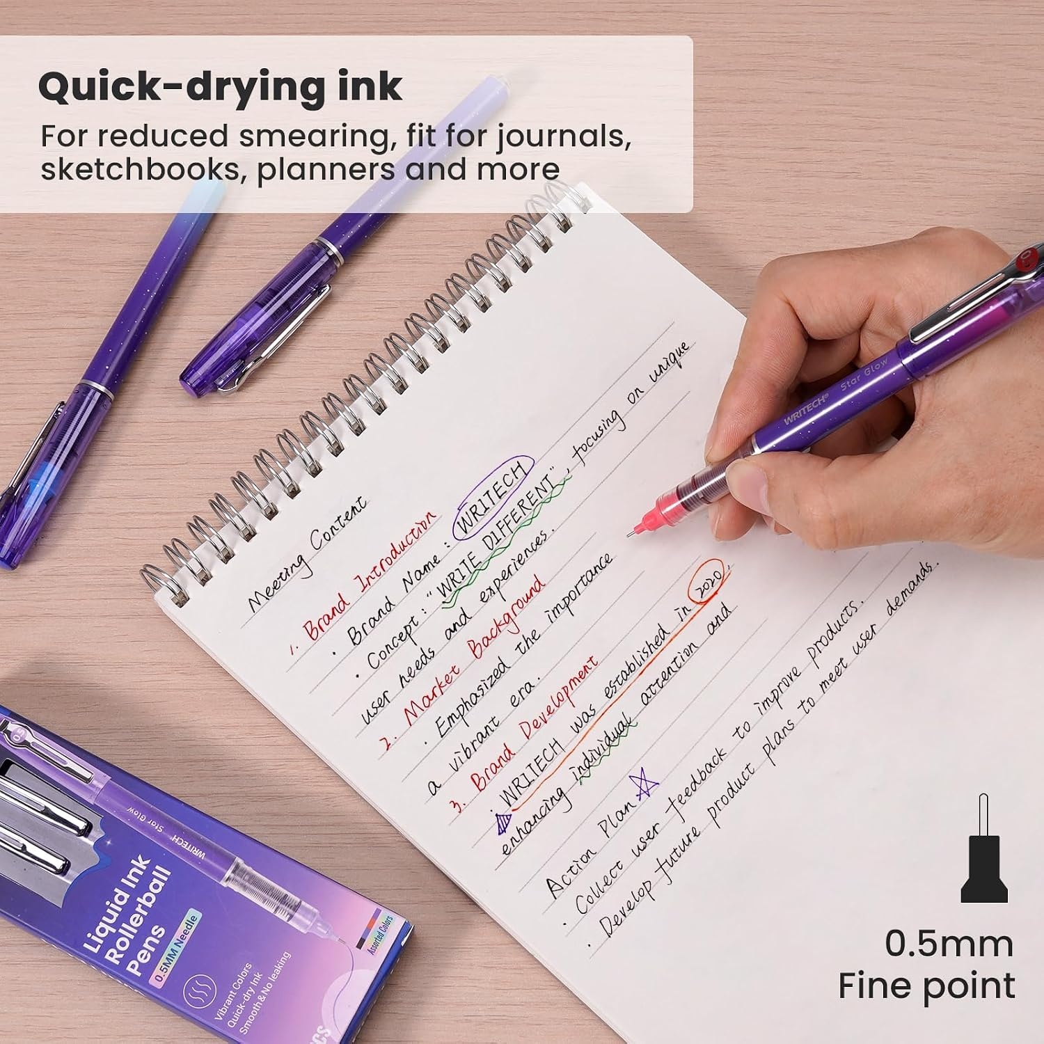 image:imageWRITECH Liquid Ink Rollerball Pens Multi Colored 05mm Extra Fine Point Tip Rolling Roller Ball Pen 8ct Assorted Colors for Journaling Smooth Writing Note Taking No Bleed amp Smudge amp SmearVivid Color 05mm 4 Pcs