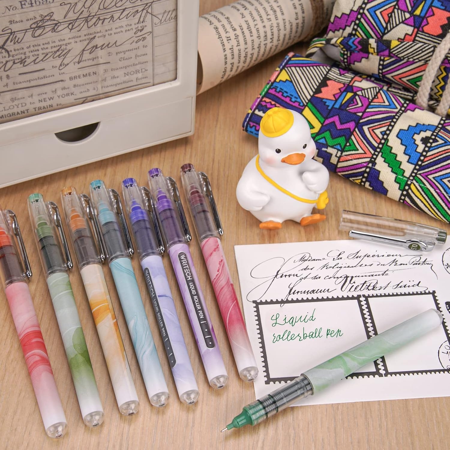 image:imageWRITECH Liquid Ink Rollerball Pens Multi Colored 05mm Extra Fine Point Tip Rolling Roller Ball Pen 8ct Assorted Colors for Journaling Smooth Writing Note Taking No Bleed amp Smudge amp SmearAssorted Colors 05mm 8ct