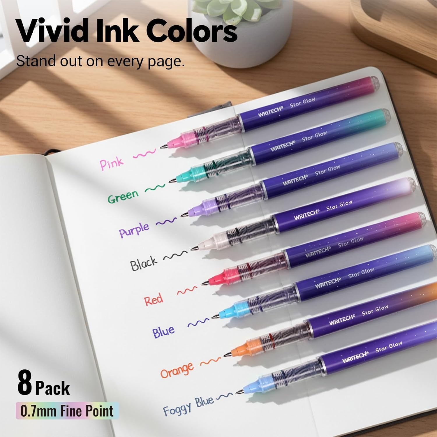 image:imageWRITECH Liquid Ink Rollerball Pens Multi Colored 05mm Extra Fine Point Tip Rolling Roller Ball Pen 8ct Assorted Colors for Journaling Smooth Writing Note Taking No Bleed amp Smudge amp SmearVivid Color 07mm 8ct