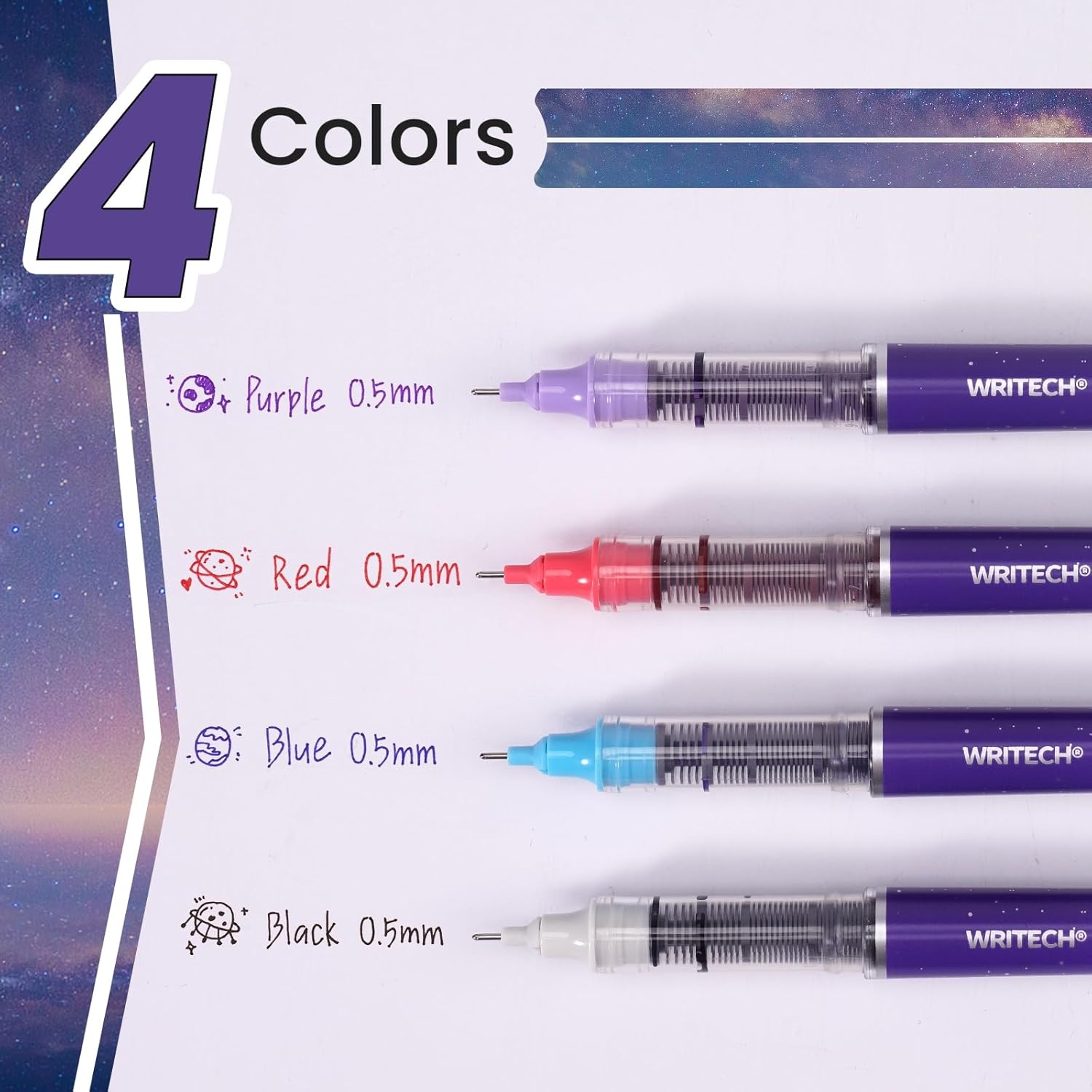 image:imageWRITECH Liquid Ink Rollerball Pens Multi Colored 05mm Extra Fine Point Tip Rolling Roller Ball Pen 8ct Assorted Colors for Journaling Smooth Writing Note Taking No Bleed amp Smudge amp SmearVivid Color 05mm 4 Pcs