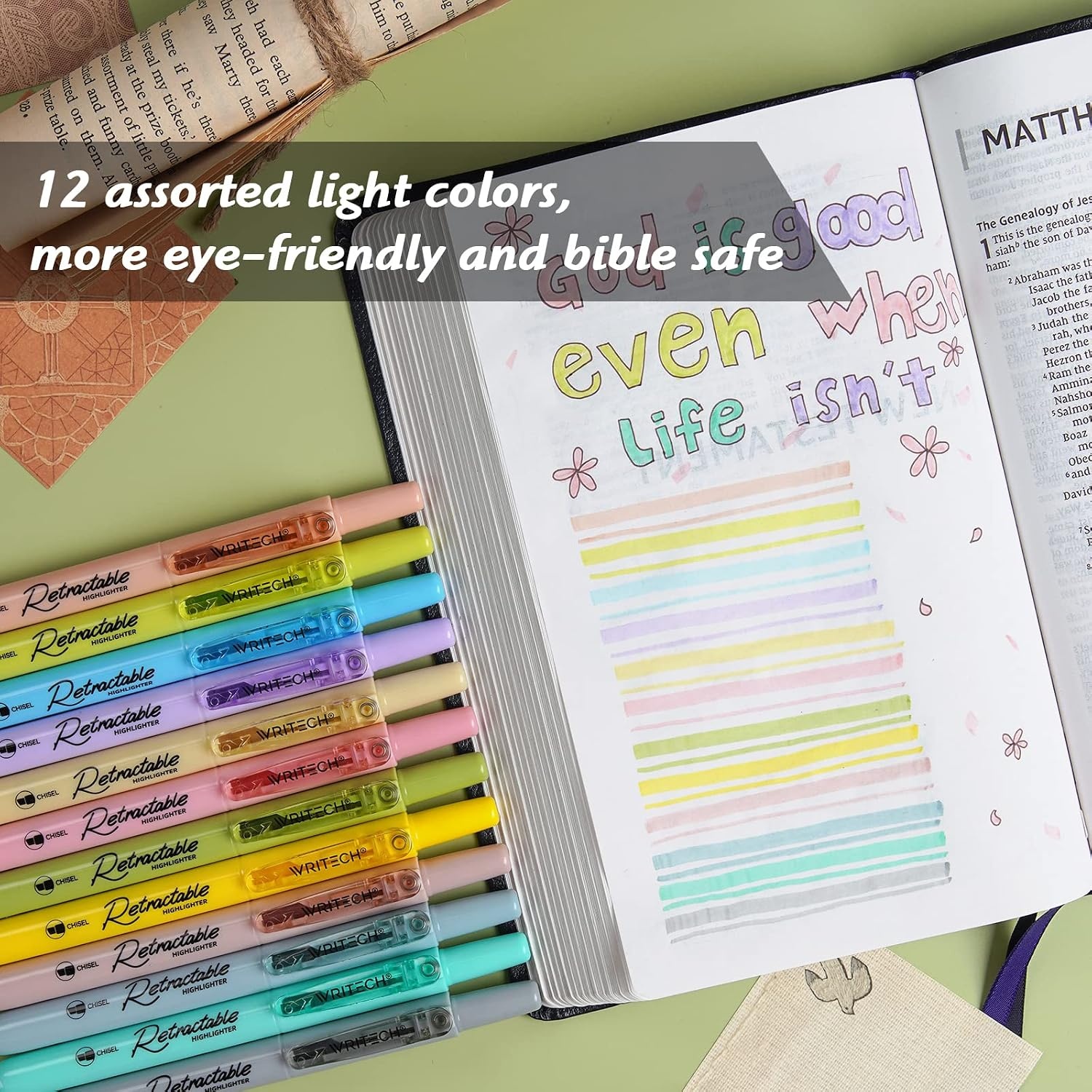 image:imageWRITECH Retractable Bible Highlighters Assorted Pastel Colors No Bleed Aesthetic Marker Pen Chisel Tip 12 PackBible Set