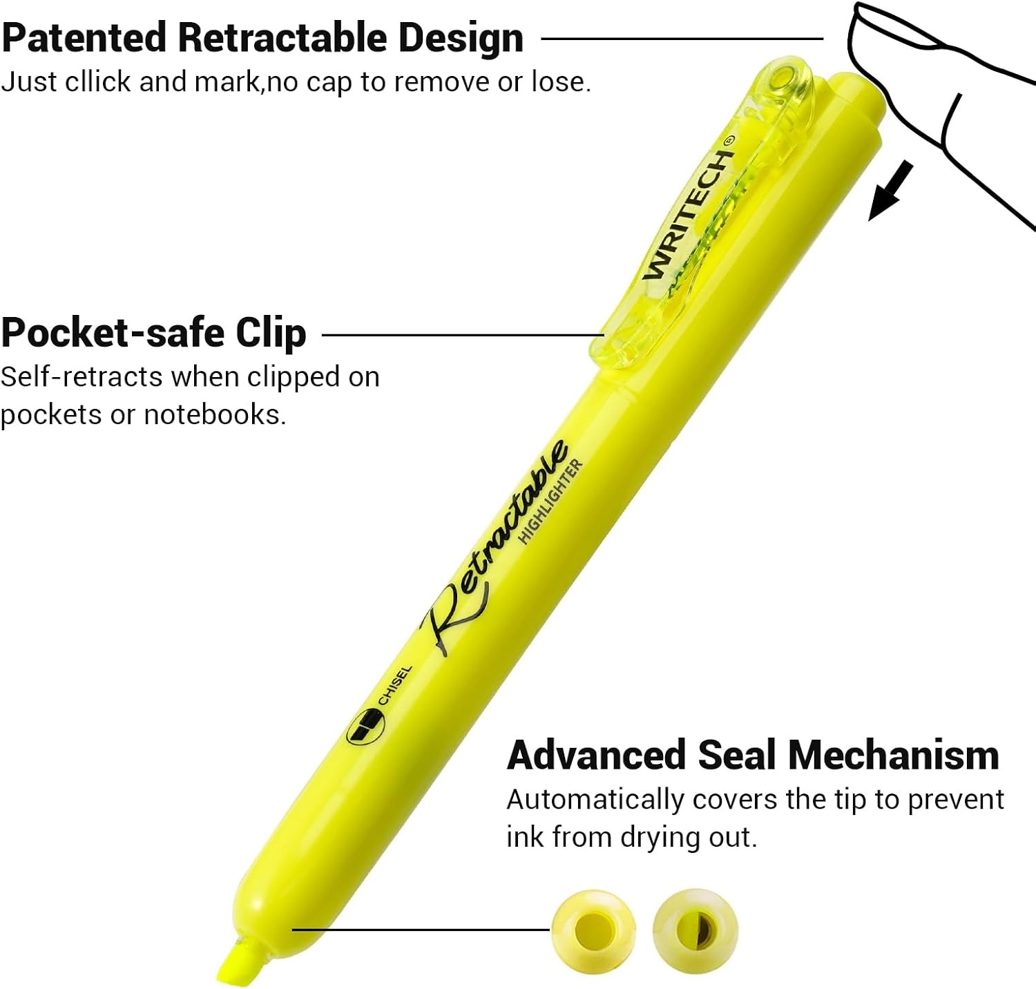 image:imageWRITECH Retractable Bible Highlighters Assorted Pastel Colors No Bleed Aesthetic Marker Pen Chisel Tip 12 PackYellow