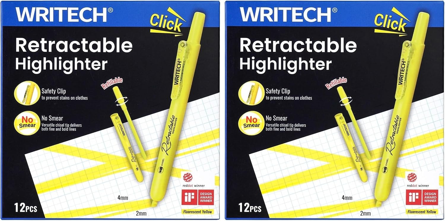 image:imageWRITECH Retractable Bible Highlighters Assorted Pastel Colors No Bleed Aesthetic Marker Pen Chisel Tip 12 PackYellow