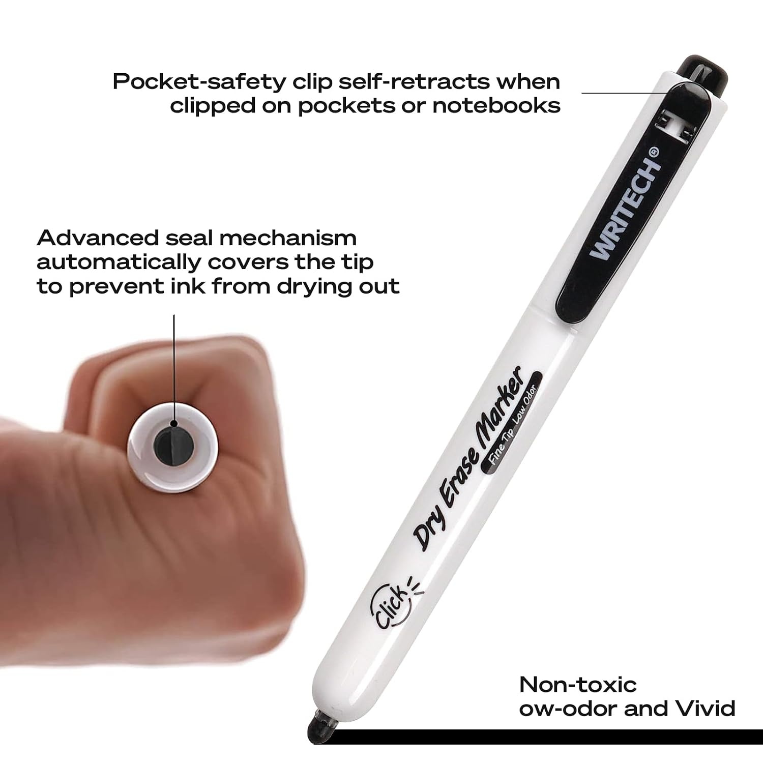 image:imageWRITECH Retractable Dry Erase Markers Fine Point Clickable Black Colored Ink Marker Low Odor Erasable Thin Tip Refillable Whiteboard Marker Pen Set 12ct No Bleed Smear