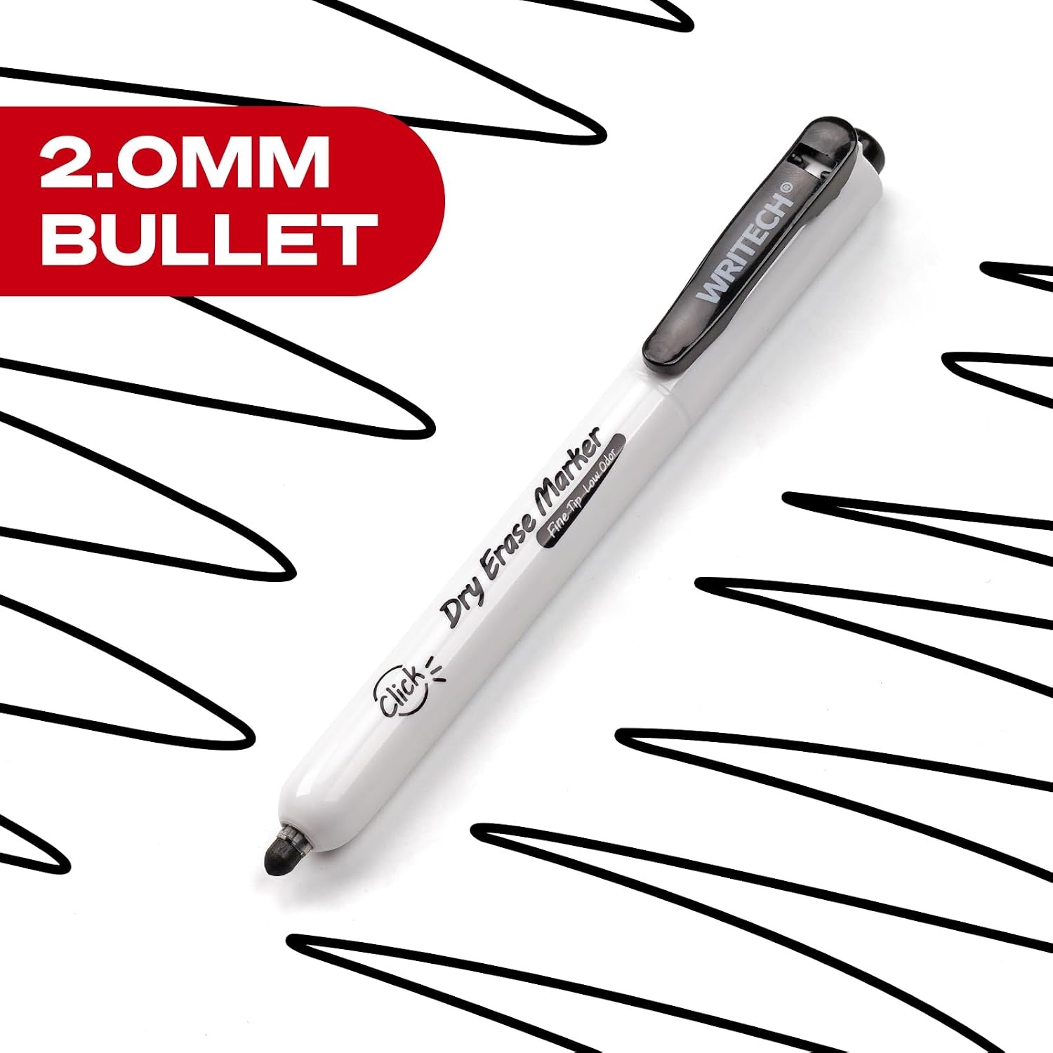 image:imageWRITECH Retractable Dry Erase Markers Fine Point Clickable Black Colored Ink Marker Low Odor Erasable Thin Tip Refillable Whiteboard Marker Pen Set 12ct No Bleed Smear