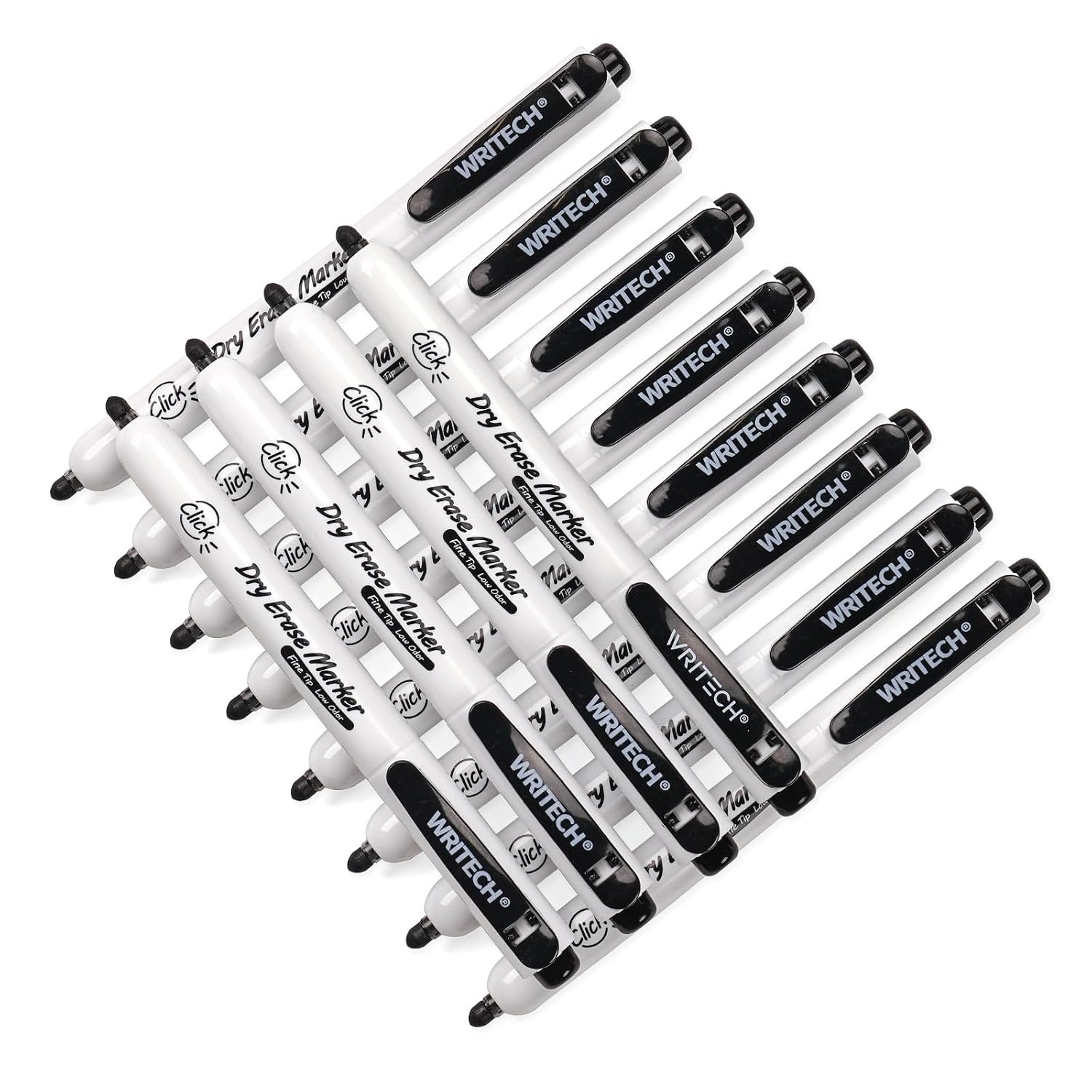 image:imageWRITECH Retractable Dry Erase Markers Fine Point Clickable Black Colored Ink Marker Low Odor Erasable Thin Tip Refillable Whiteboard Marker Pen Set 12ct No Bleed Smear