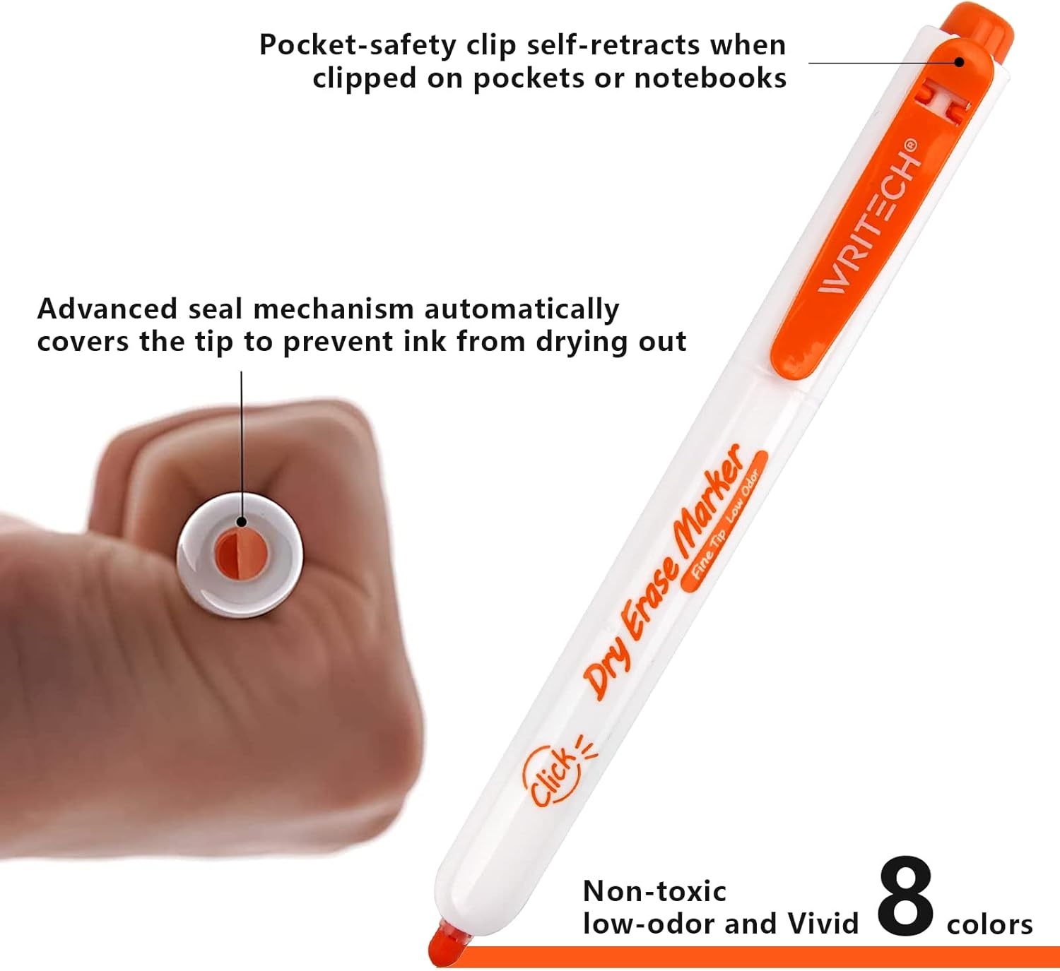 image:imageWRITECH Retractable Dry Erase Markers Fine Point Clickable Colored Ink Marker Low Odor Erasable Thin Tip Refillable Multicolor Whiteboard Marker Pen Set 6ct No Smear Bleed12 Count Pack of 1