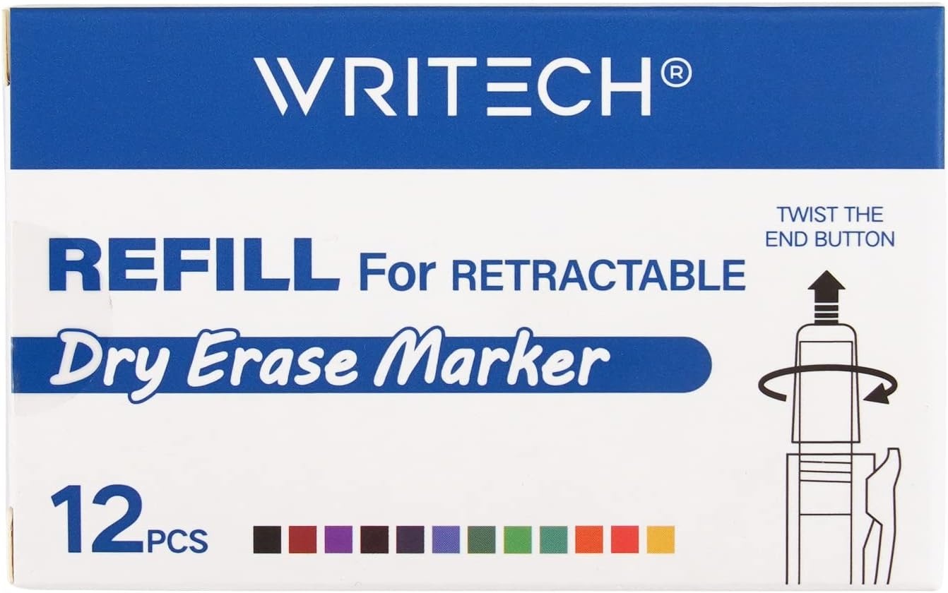image:imageWRITECH Retractable Dry Erase Markers Fine Point Clickable Colored Ink Marker Low Odor Erasable Thin Tip Refillable Multicolor Whiteboard Marker Pen Set 6ct No Smear Bleed1 Count Pack of 12