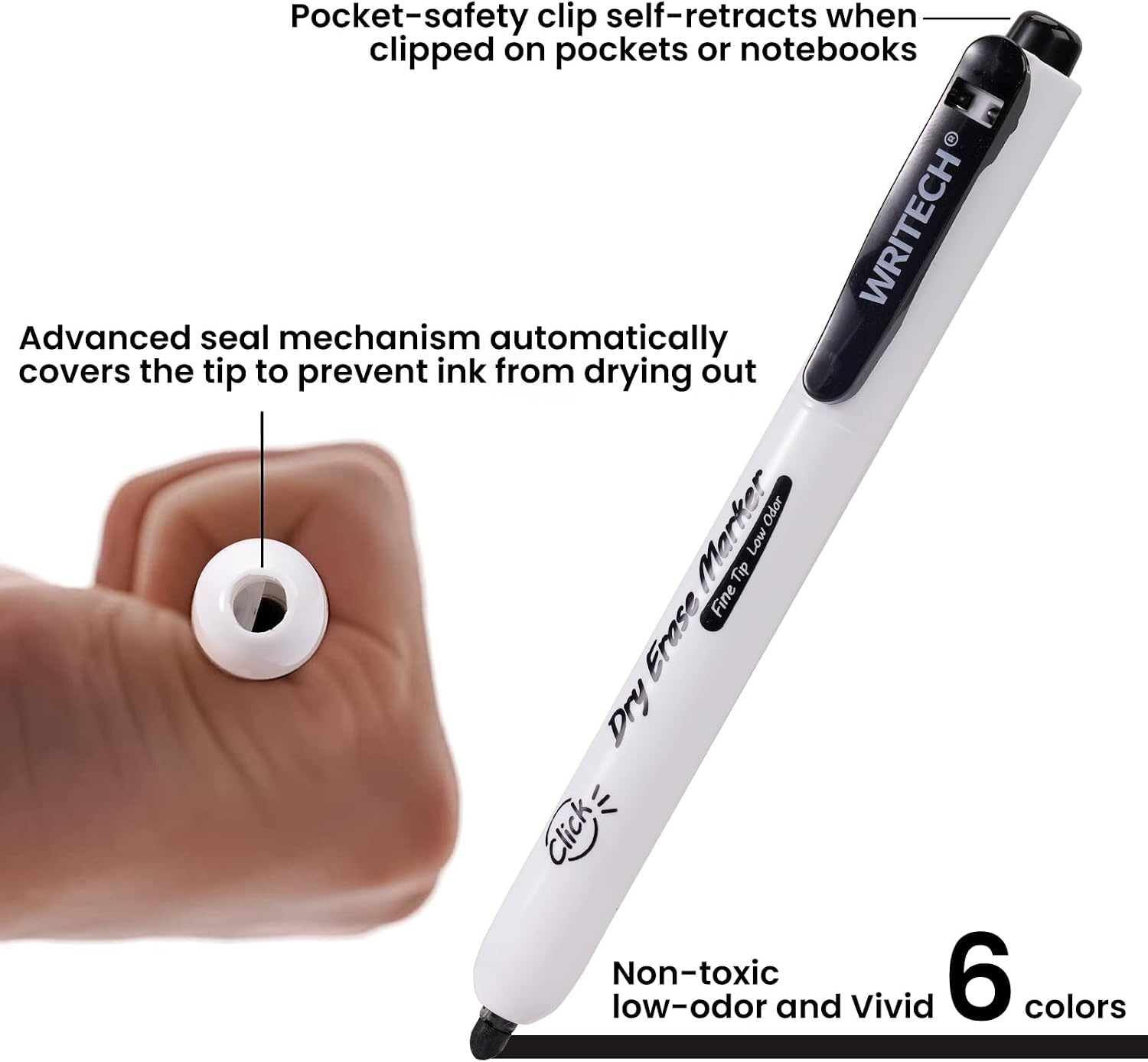 image:imageWRITECH Retractable Dry Erase Markers Fine Point Clickable Colored Ink Marker Low Odor Erasable Thin Tip Refillable Multicolor Whiteboard Marker Pen Set 6ct No Smear Bleed1 Count Pack of 6