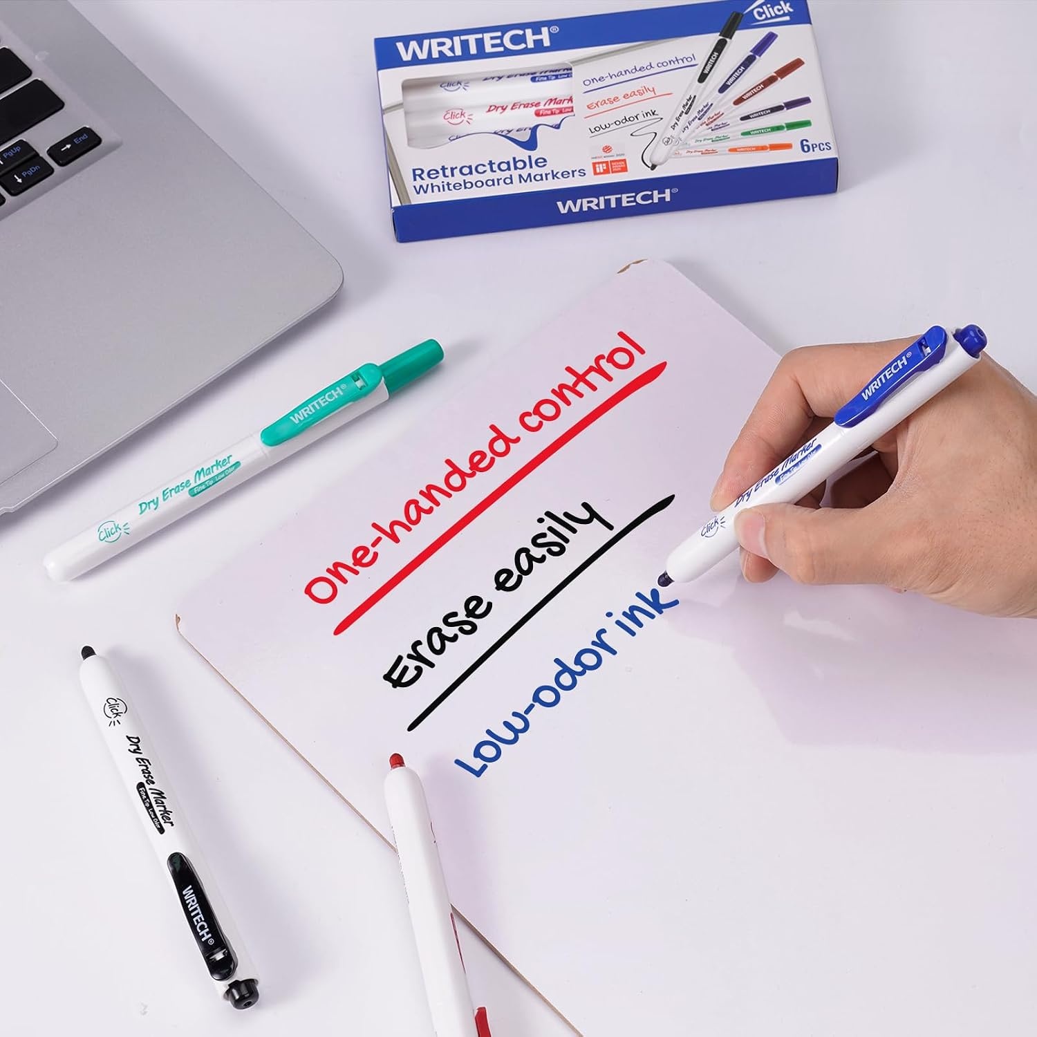 image:imageWRITECH Retractable Dry Erase Markers Fine Point Clickable Colored Ink Marker Low Odor Erasable Thin Tip Refillable Multicolor Whiteboard Marker Pen Set 6ct No Smear Bleed1 Count Pack of 6