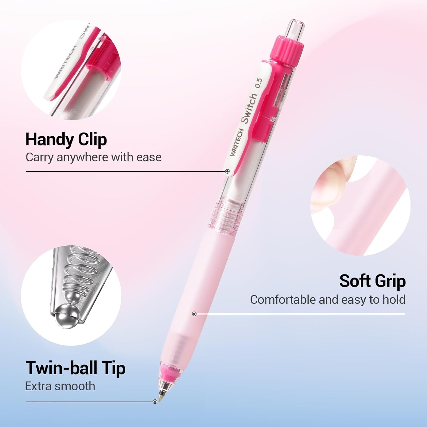 image:imageWRITECH Retractable Gel Ink Pens 05mm BlackInk Switch Between Silent and Clicky Soft Grip Fine Point Pen for Journaling Smooth Writing Quickdry No Bleed 10ctBlackA