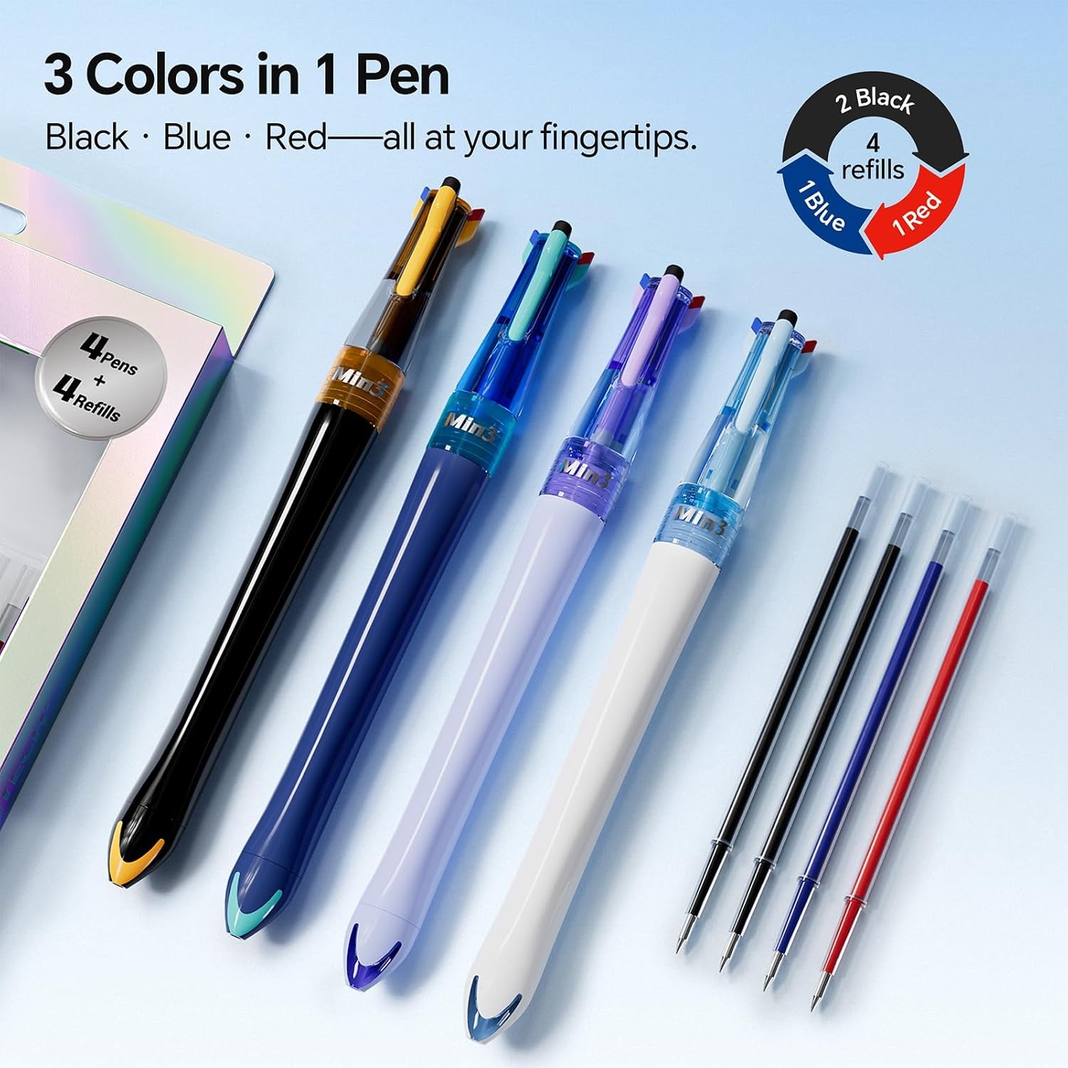 image:imageWRITECH Retractable Gel Ink Pens 05mm Fine Point 3 in 1 Multi Colored Pen Black Blue Red 4ct with 4 Refills No Smear Assorted Colors Min 3 for Smooth Writing Journaling Drawing