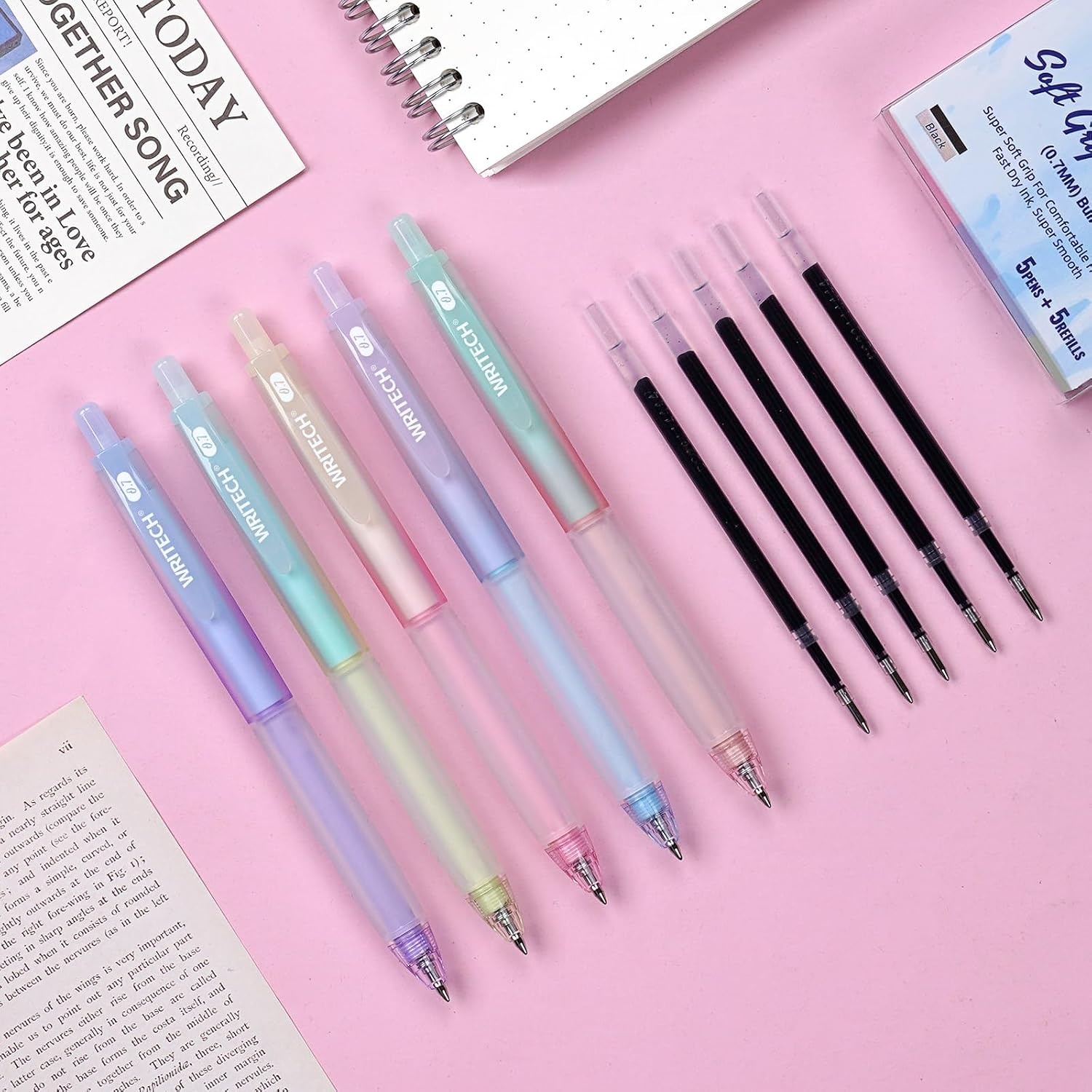 image:imageWRITECH Retractable Gel Ink Pens 07mm Fine Point BlackInk Aesthetic Gradient Color Barrel Soft Grip Medium Point Pen 5ct with 5 Refills for Journaling Smooth Writing Quickdry No Bleed07mm Black