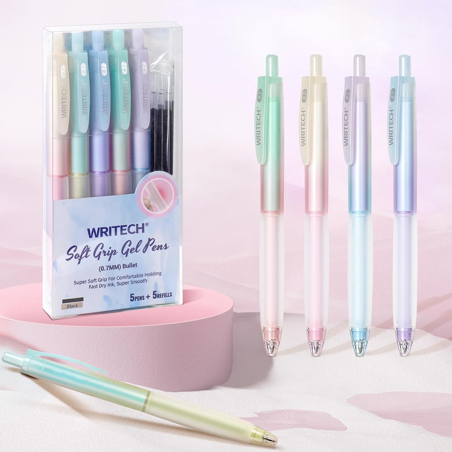 image:imageWRITECH Retractable Gel Ink Pens 07mm Fine Point BlackInk Aesthetic Gradient Color Barrel Soft Grip Medium Point Pen 5ct with 5 Refills for Journaling Smooth Writing Quickdry No Bleed07mm Black