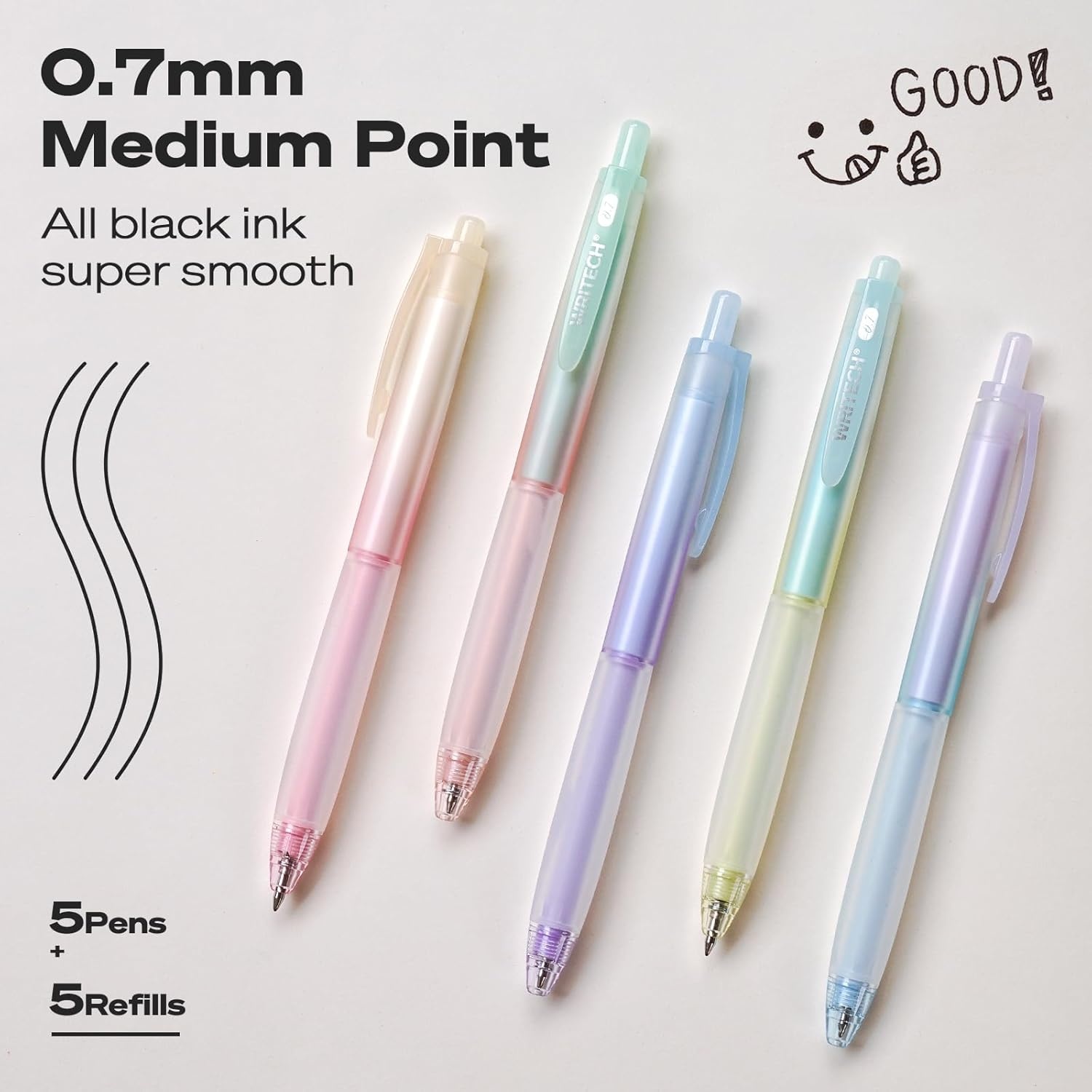 image:imageWRITECH Retractable Gel Ink Pens 07mm Fine Point BlackInk Aesthetic Gradient Color Barrel Soft Grip Medium Point Pen 5ct with 5 Refills for Journaling Smooth Writing Quickdry No Bleed07mm Black
