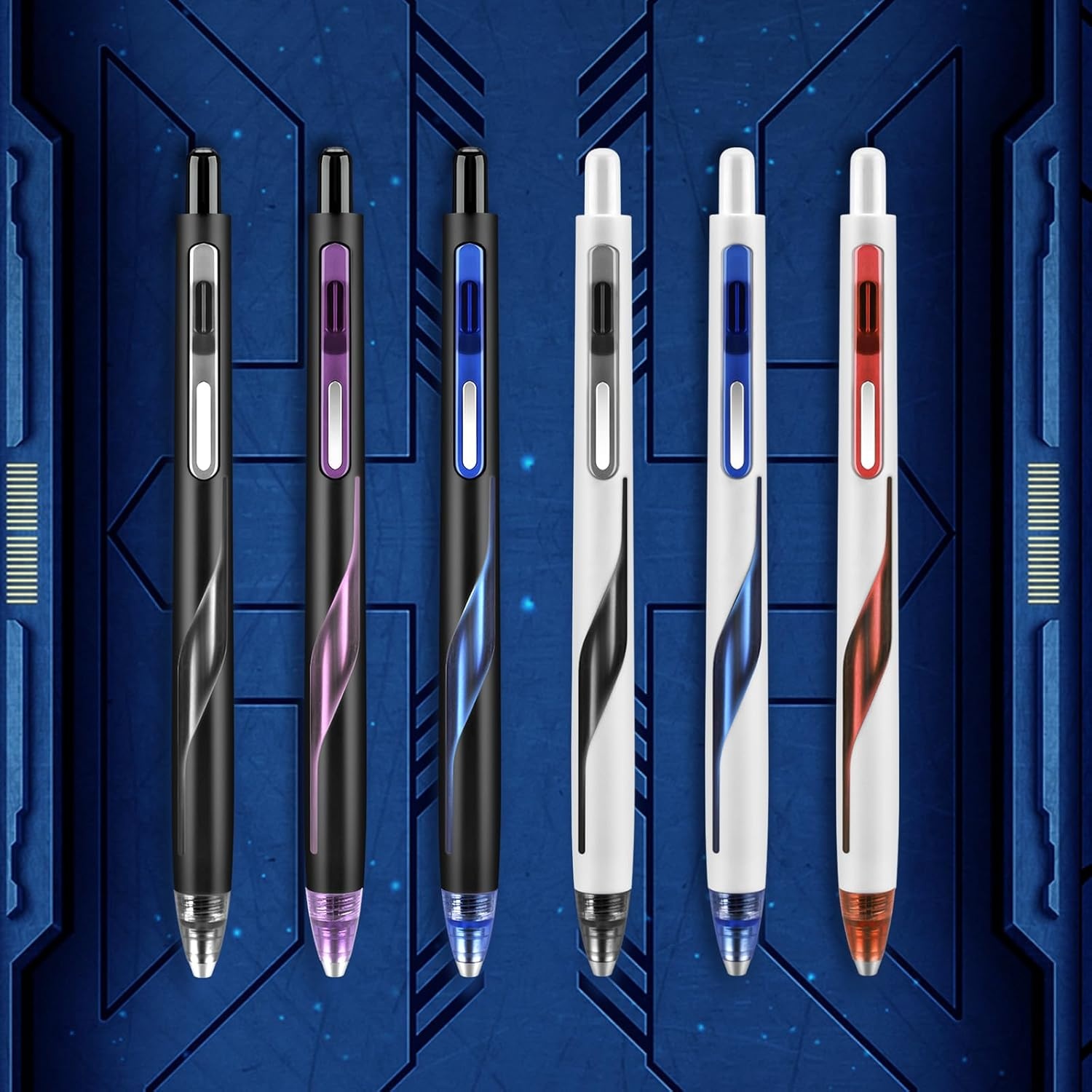 image:imageWRITECH Retractable Gel Ink Pens Low Center of Gravity 07mm Multicolor Medium Point with Refills Silent Click No Smear Pen Black Blue Purple 3ct Up Gel FlashWhite