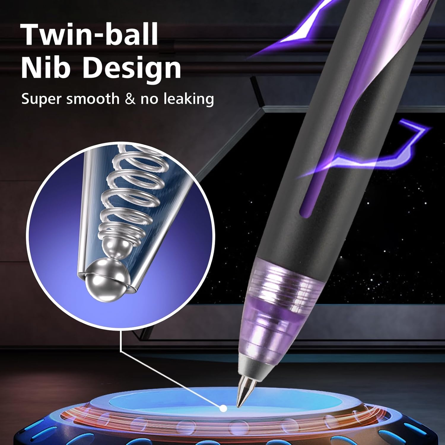 image:imageWRITECH Retractable Gel Ink Pens Low Center of Gravity 07mm Multicolor Medium Point with Refills Silent Click No Smear Pen Black Blue Purple 3ct Up Gel FlashBlack