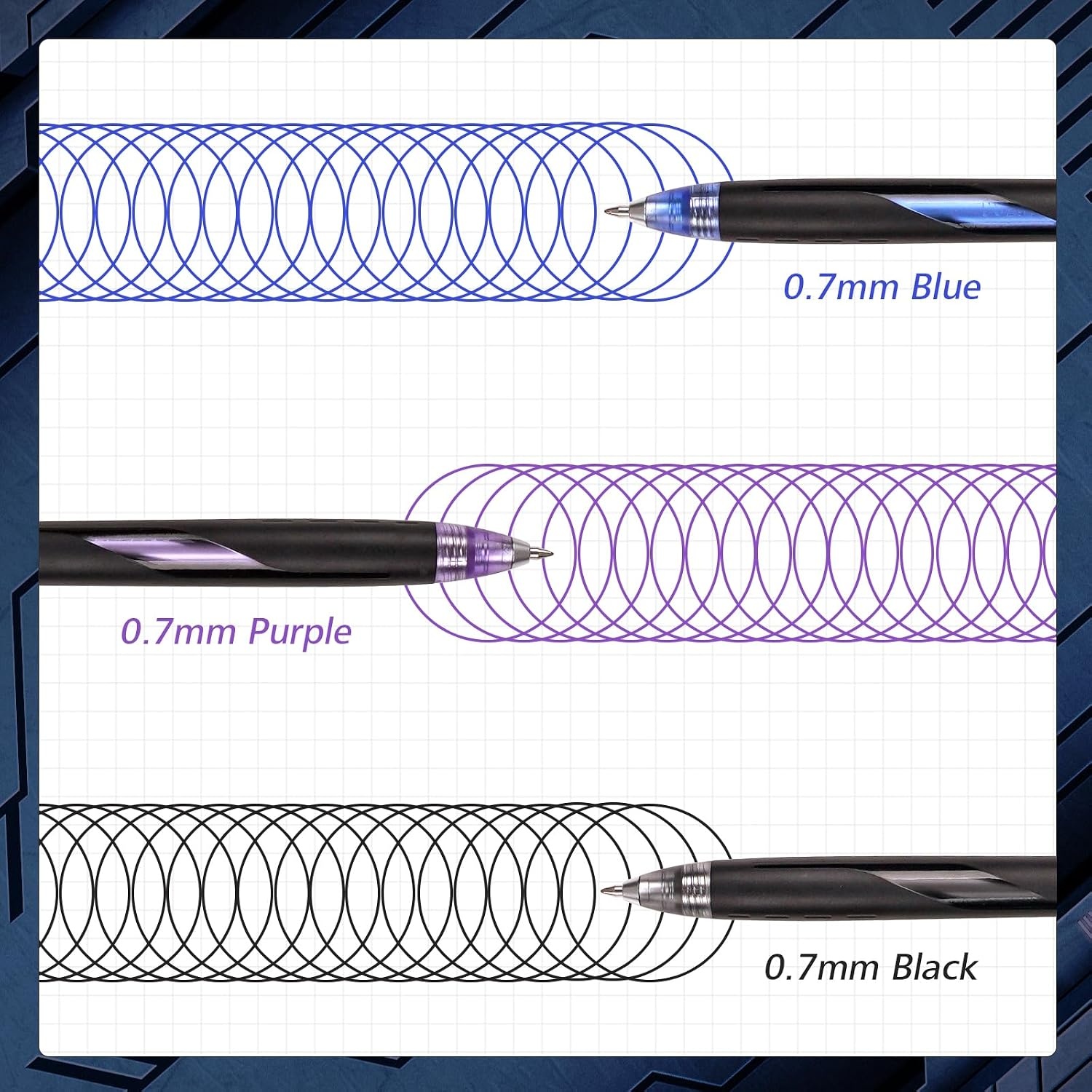 image:imageWRITECH Retractable Gel Ink Pens Low Center of Gravity 07mm Multicolor Medium Point with Refills Silent Click No Smear Pen Black Blue Purple 3ct Up Gel FlashBlack
