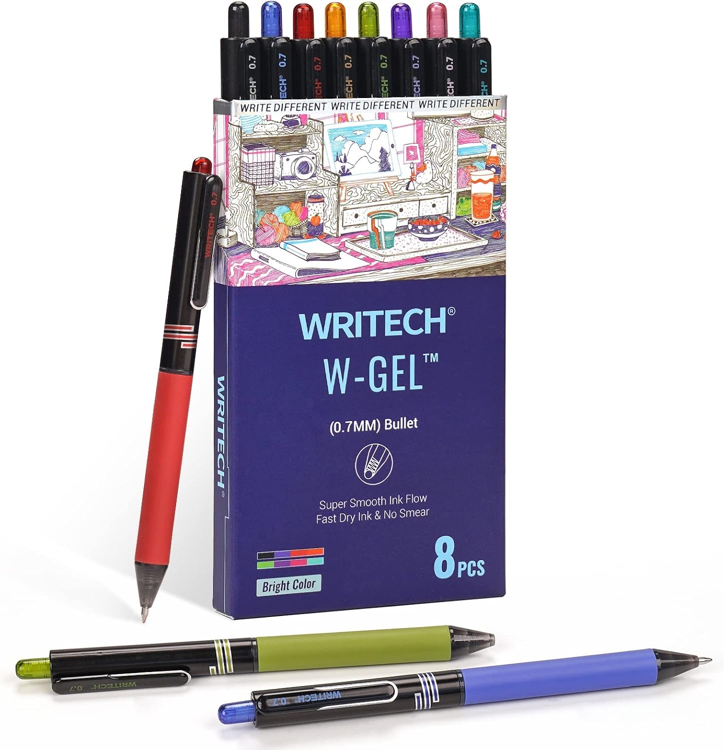 image:imageWRITECH Retractable Gel Ink Pens Multi Colored 07mm Medium Point Colorful Click Pen for Smooth Writing Journaling Drawing Notetaking No Bleed amp Smear amp Smudge 8ct Vibrant Assorted ColorsAMultiColor
