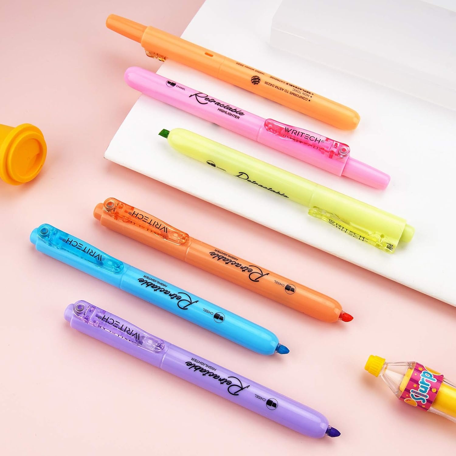 image:imageWRITECH Retractable Highlighters Assorted Colors Chisel Tip Click Aesthetic Highlighter Marker Pens Pack Multi Colored Ink No Bleed Smear for Highlighting Journaling 6ct VintagePastel