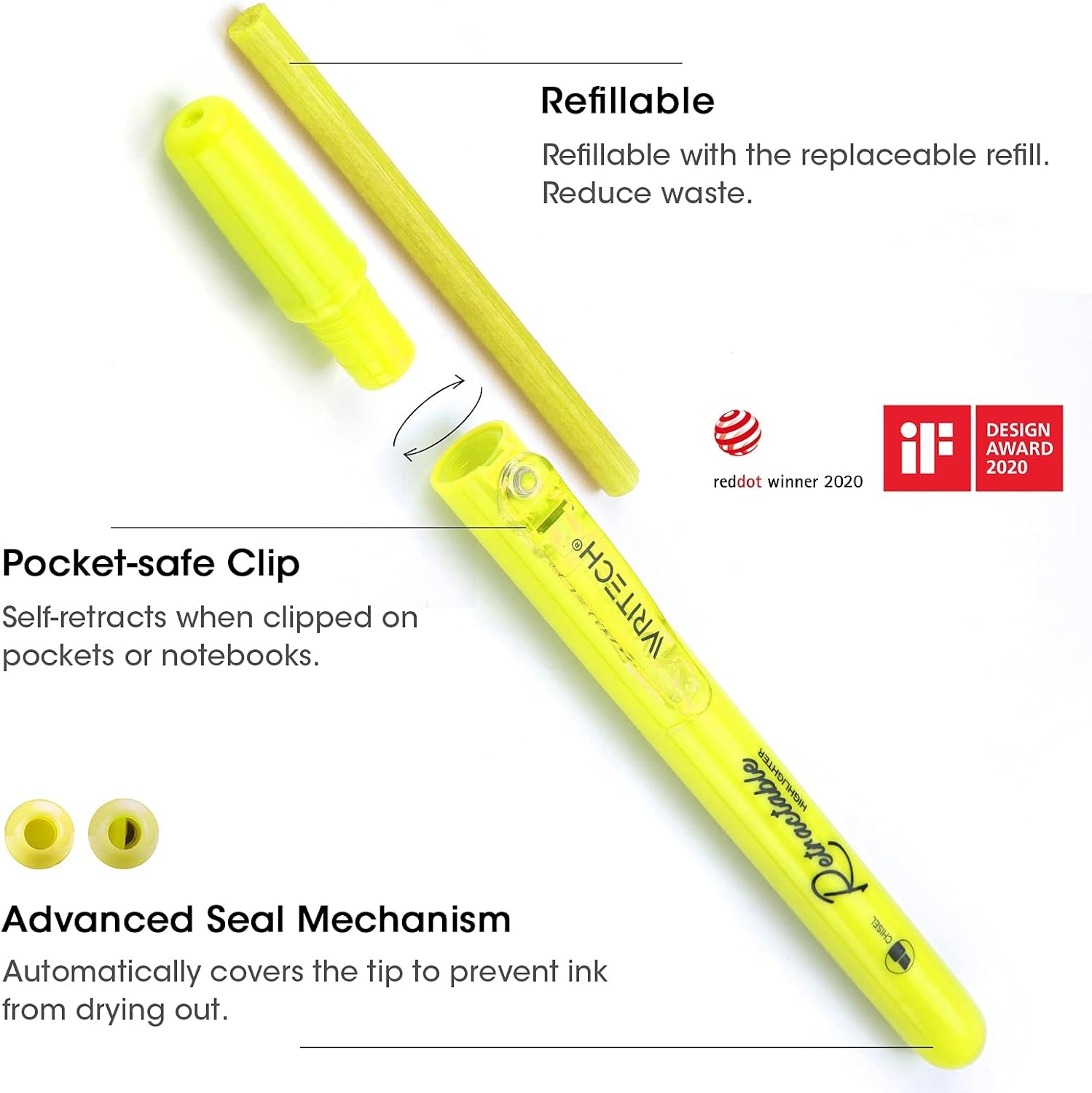 image:imageWRITECH Retractable Highlighters Assorted Colors Chisel Tip Click Aesthetic Highlighter Marker Pens Pack Multi Colored Ink No Bleed Smear for Highlighting Journaling 6ct VintageNeon