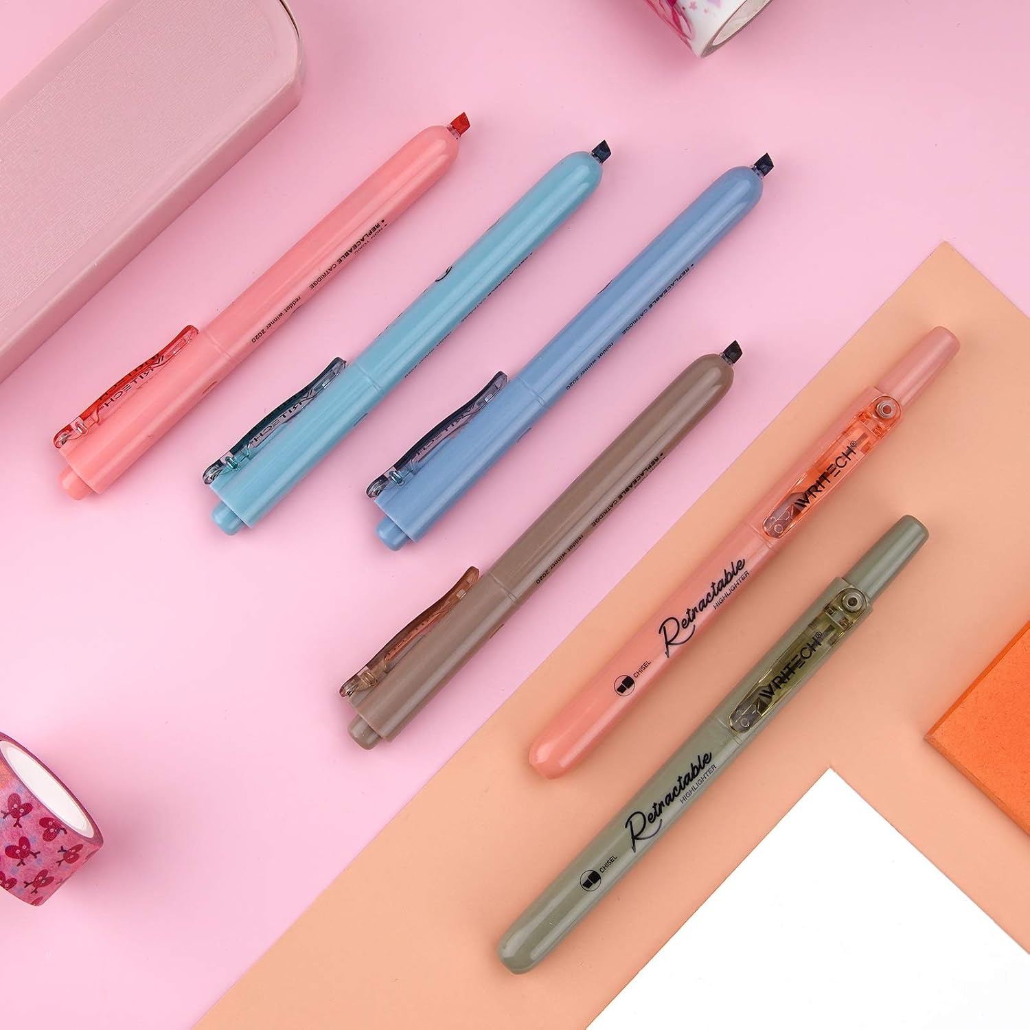 image:imageWRITECH Retractable Highlighters Assorted Colors Chisel Tip Click Aesthetic Highlighter Marker Pens Pack Multi Colored Ink No Bleed Smear for Highlighting Journaling 6ct VintageVintage