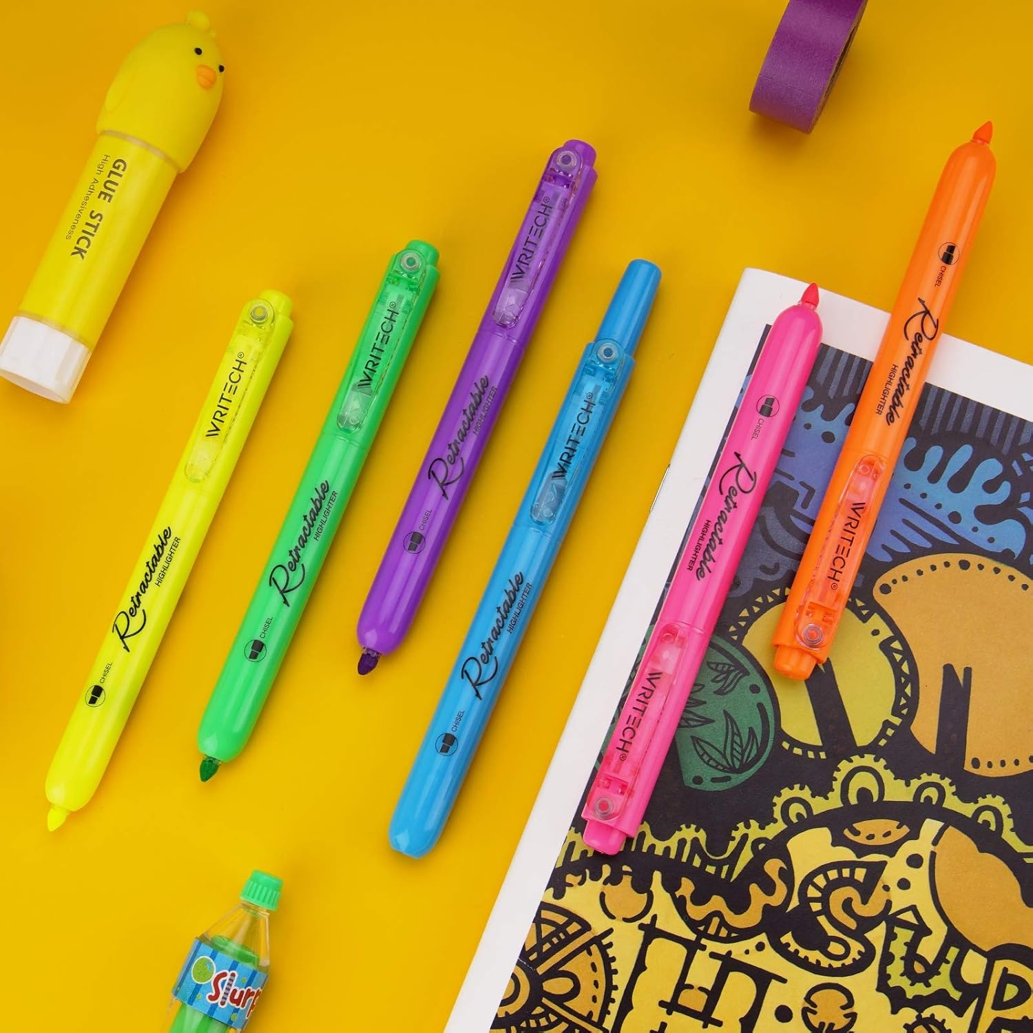 image:imageWRITECH Retractable Highlighters Assorted Colors Chisel Tip Click Aesthetic Highlighter Marker Pens Pack Multi Colored Ink No Bleed Smear for Highlighting Journaling 6ct VintageNeon