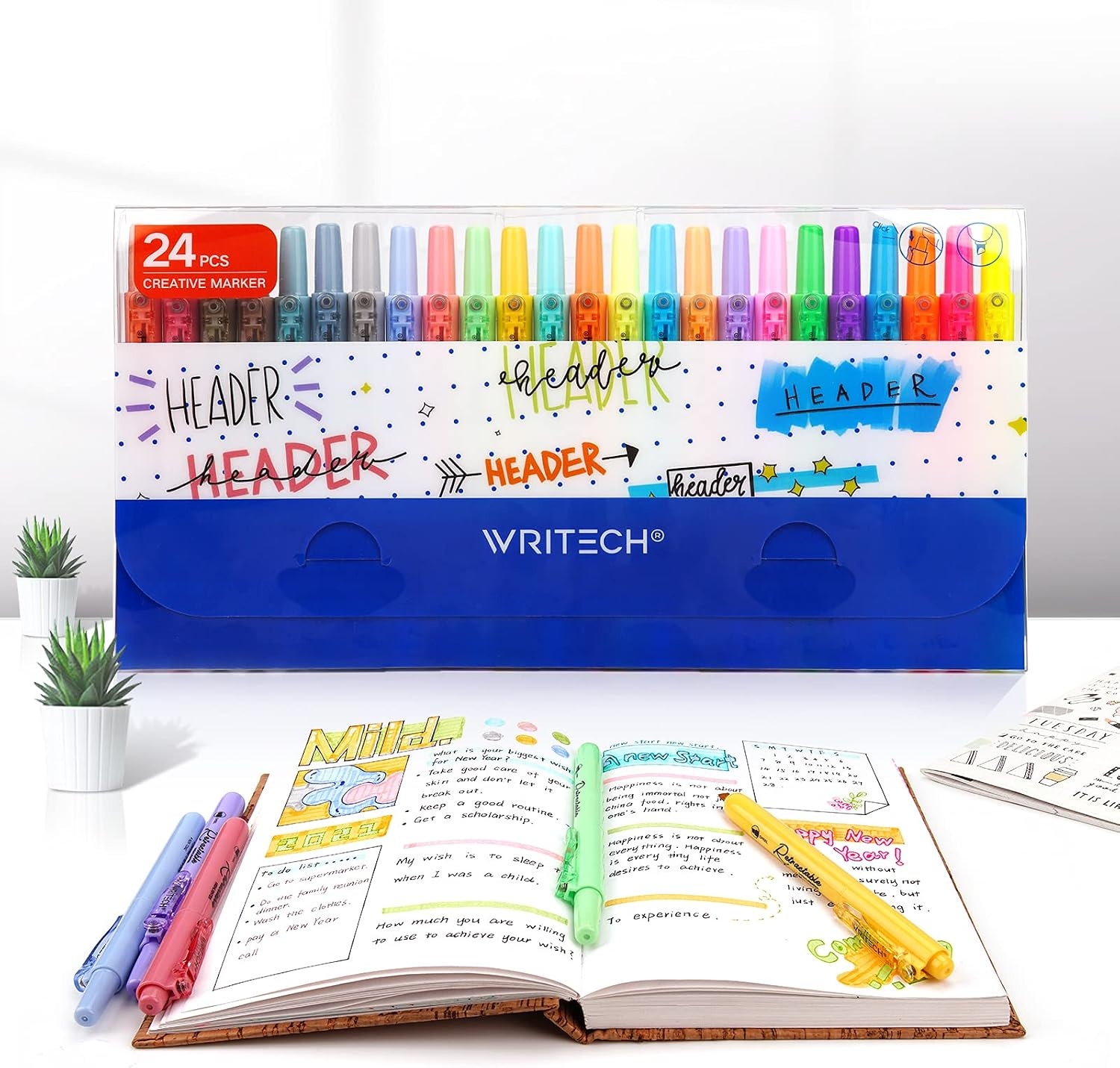 image:imageWRITECH Retractable Highlighters Assorted Colors Chisel Tip Click Aesthetic Highlighter Marker Pens Pack Multi Colored Ink No Bleed Smear for Highlighting Journaling 6ct VintageBig Pack