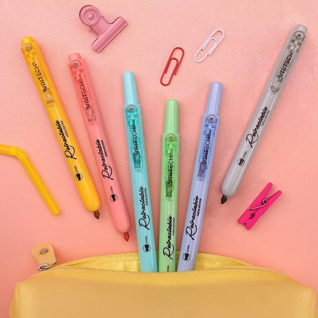 image:imageWRITECH Retractable Highlighters Assorted Colors Chisel Tip Click Aesthetic Highlighter Marker Pens Pack Multi Colored Ink No Bleed Smear for Highlighting Journaling 6ct VintageMild
