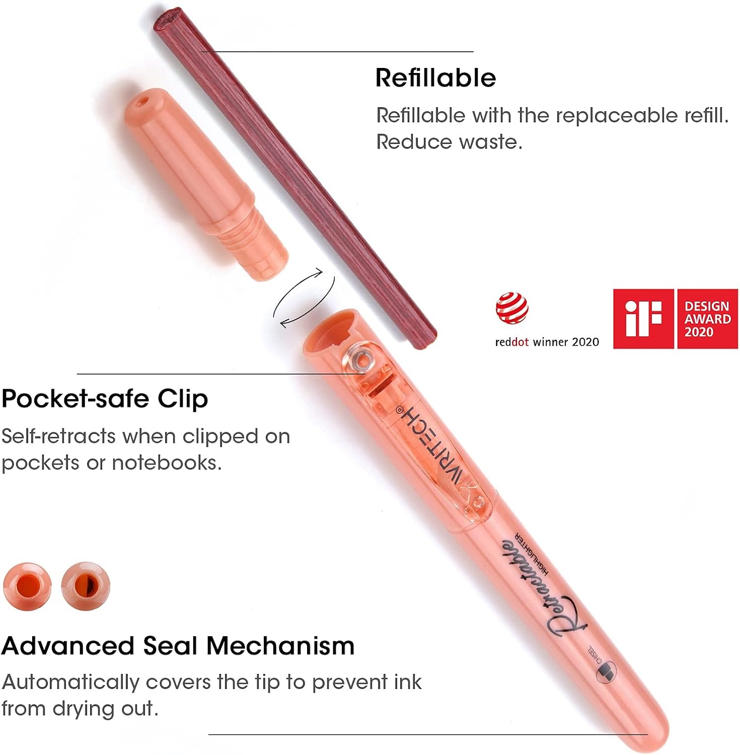 image:imageWRITECH Retractable Highlighters Assorted Colors Chisel Tip Click Aesthetic Highlighter Marker Pens Pack Multi Colored Ink No Bleed Smear for Highlighting Journaling 6ct VintageVintage