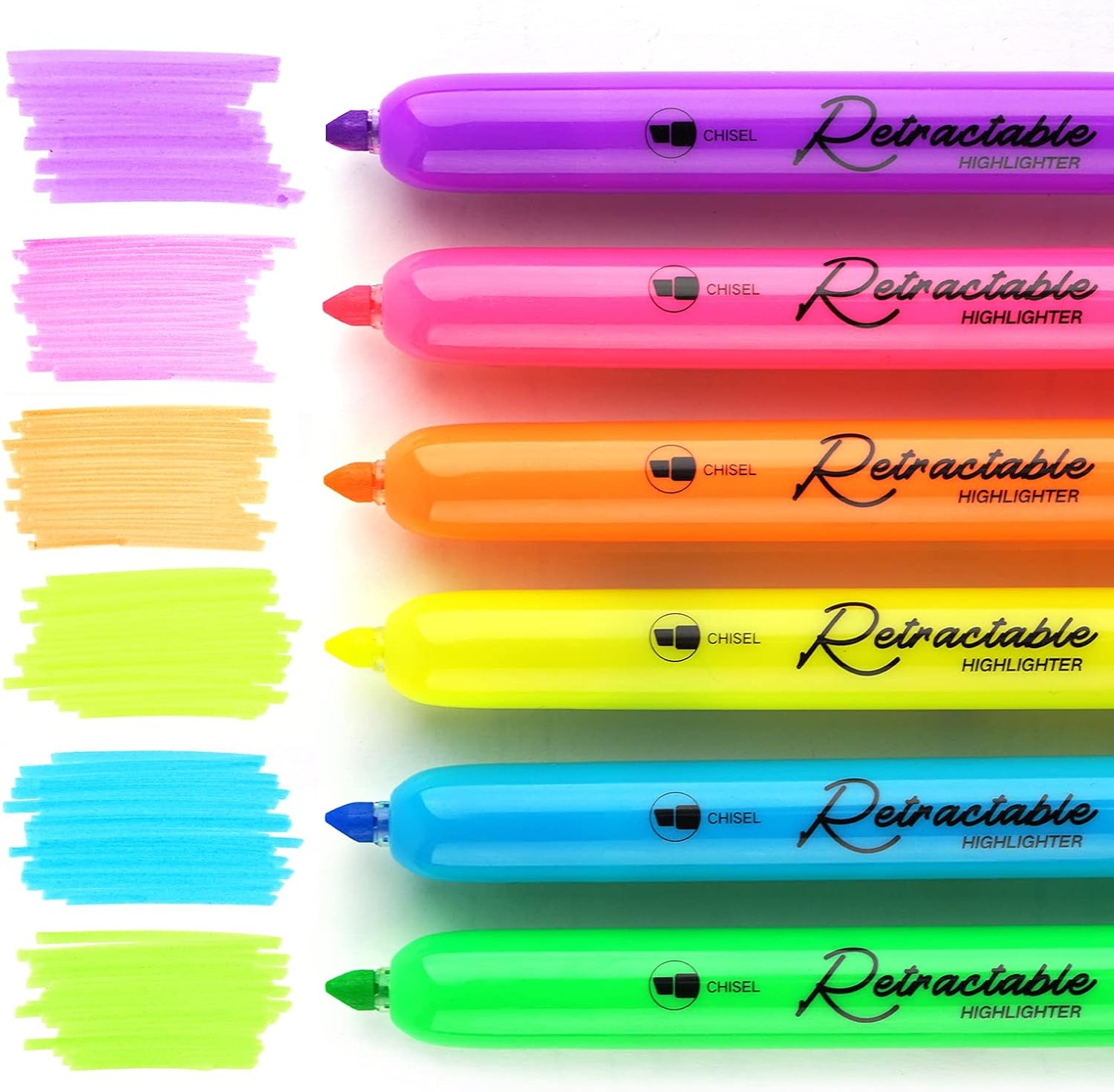 image:imageWRITECH Retractable Highlighters Assorted Colors Chisel Tip Click Aesthetic Highlighter Marker Pens Pack Multi Colored Ink No Bleed Smear for Highlighting Journaling 6ct VintageNeon