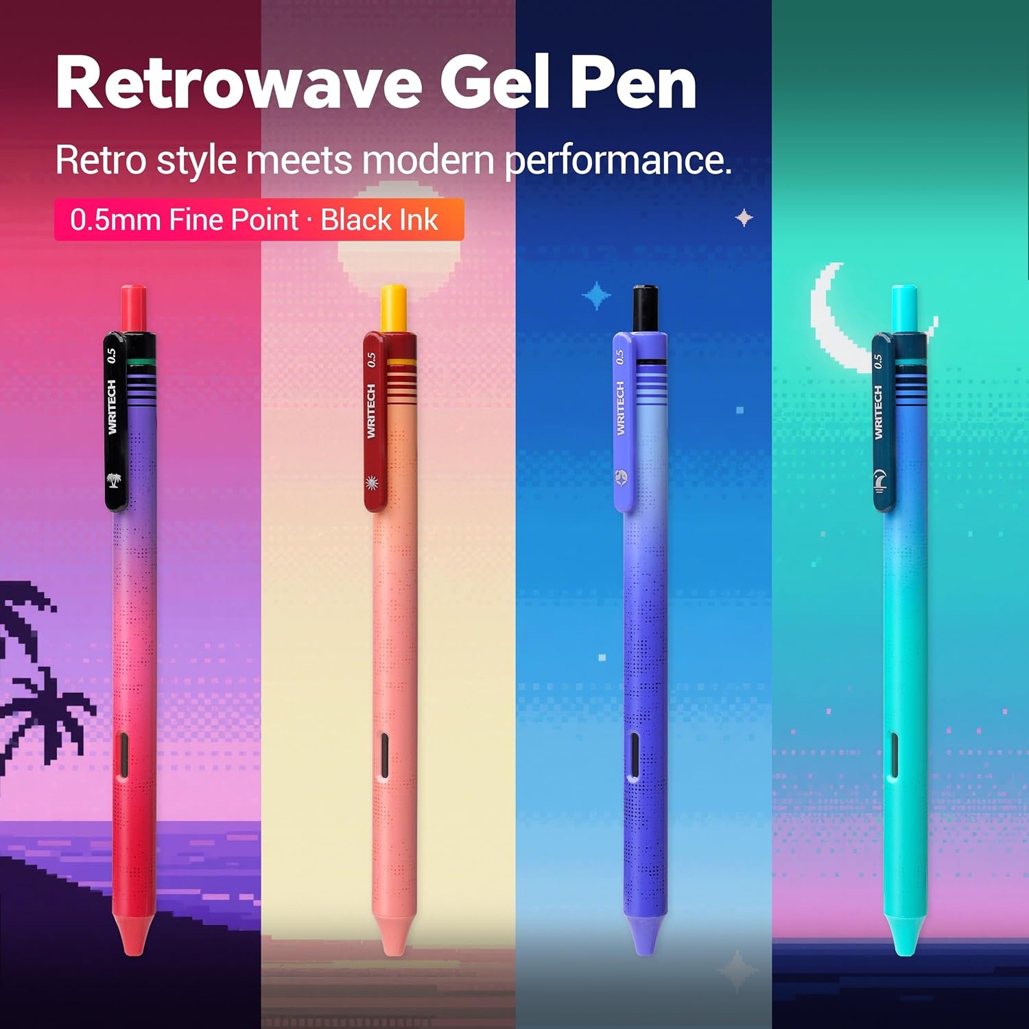 image:imageWritech Retractable Gel Ink Pens 8ct Black Ink 05mm Fine Point Tip Pen Comfort Grip Smooth Writing with Aesthetic Gradient Color Barrel for Journaling Note Taking Sketching No Bleed amp Smear8 Pcs Retrowave
