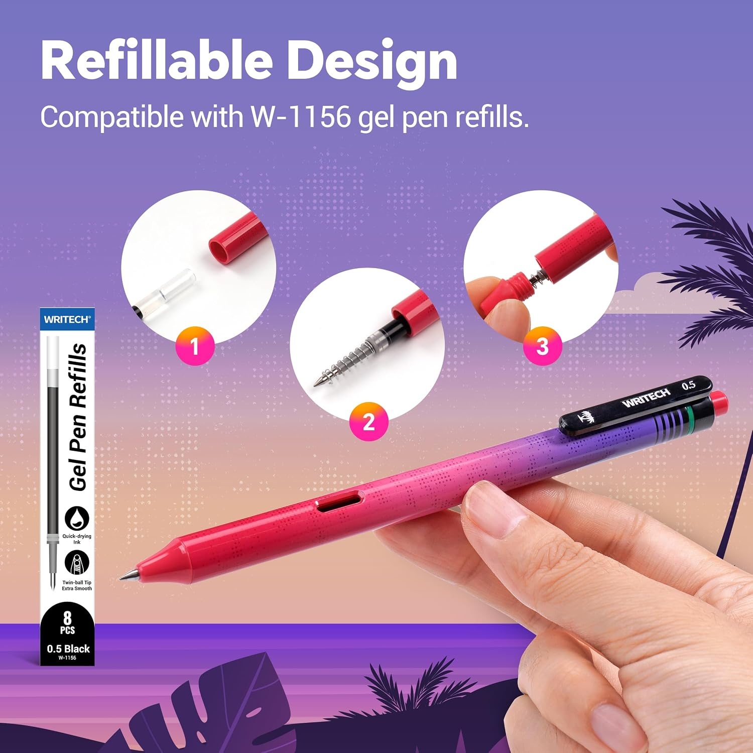 image:imageWritech Retractable Gel Ink Pens 8ct Black Ink 05mm Fine Point Tip Pen Comfort Grip Smooth Writing with Aesthetic Gradient Color Barrel for Journaling Note Taking Sketching No Bleed amp Smear8 Pcs Retrowave