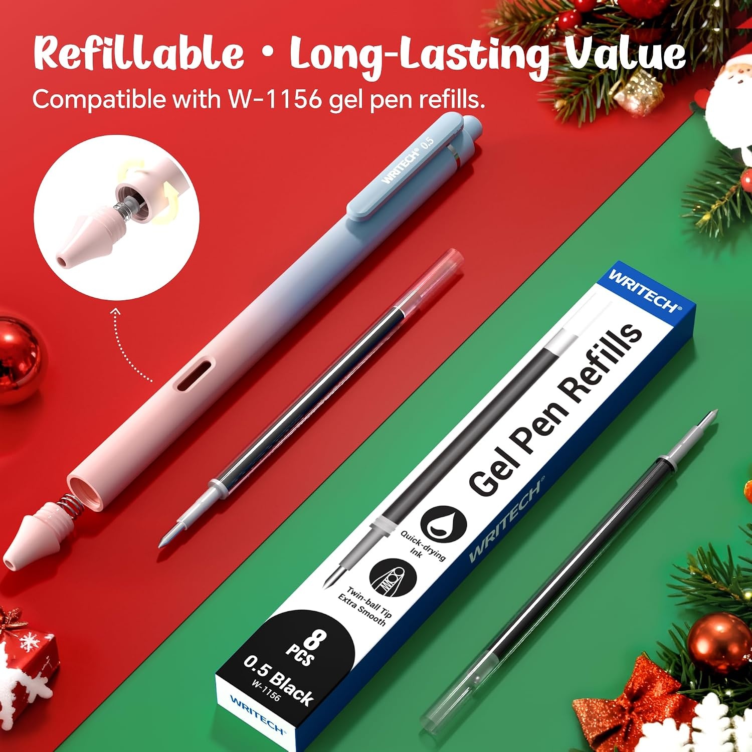 image:imageWritech Retractable Gel Ink Pens 8ct Black Ink 05mm Fine Point Tip Pen Comfort Grip Smooth Writing with Aesthetic Gradient Color Barrel for Journaling Note Taking Sketching No Bleed amp Smear4 Pcs Christmas
