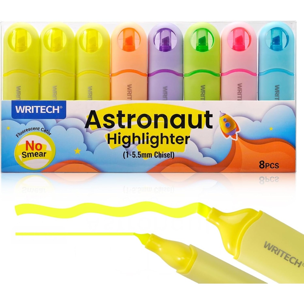 image:imageWRITECH Aesthetic Chisel Tip Highlighters Assorted Neon Colors Cute Marker Pens Soft Tip Multi Colored No Bleed Smudge Smear for Highlighting Journaling Drawing 8ctNeon