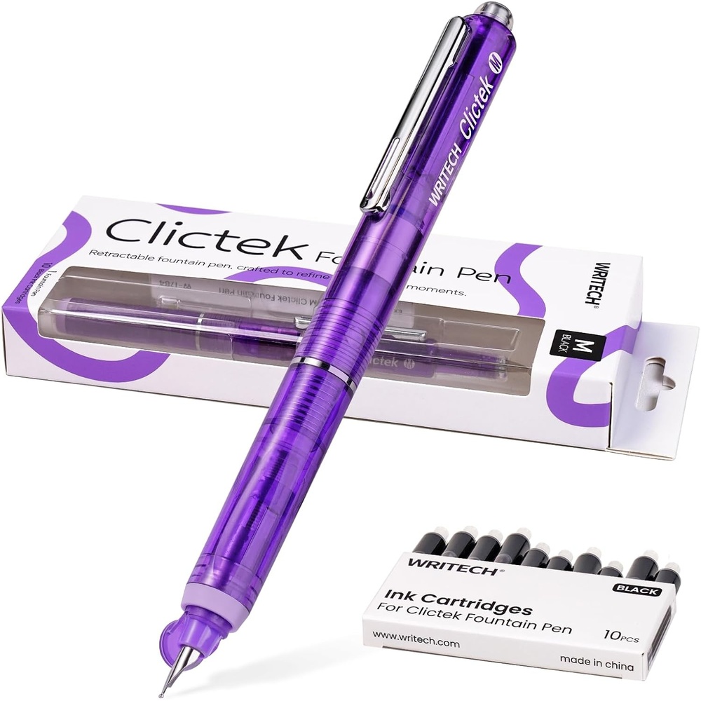 image:imageWRITECH Clictek Fountain Pen Retractable Medium Nib Black Ink Includes 10 Refillable Cartridges No Leaking Smooth Writing Perfect for Office Journaling Beginners Gift