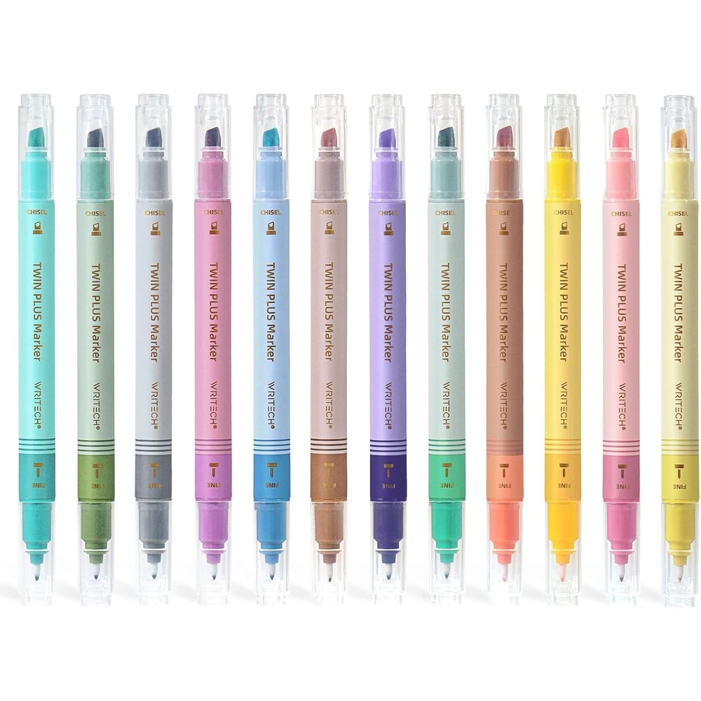 image:imageWRITECH Dual Tip Highlighter Markers Aesthetic Fine amp Chisel Tip Pastel Vintage Marker Multicolor Pens Pack No Bleed amp Smear for Bible Highlighting Journaling Assorted Colors 12ctMulticolor