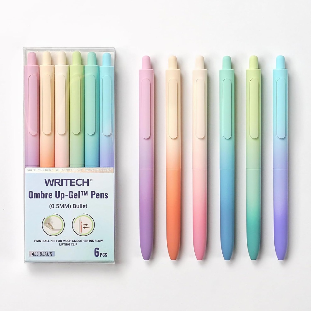 image:imageWRITECH Fine Point Gel Pens 05mm Retractable Black Ink 6ct Smooth Writing No Bleed with Aesthetic Gradient Color Pen Barrel for Journaling Note Taking Sketching