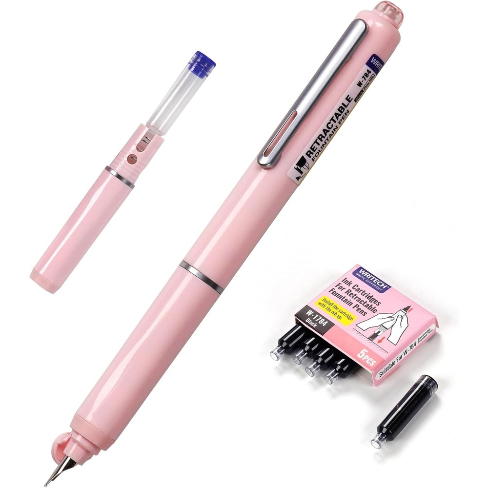 image:imageWRITECH Fountain Pen Fine Nib Retractable Black Ink Pens Set Includes 5 Ink Cartridges Smooth Writing for Calligraphy Sketching Journaling Gift PurpleSoft Pink Pen