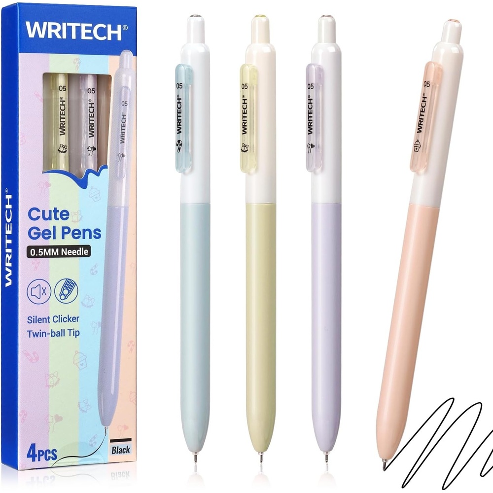 image:imageWRITECH Gel Pens Fine Point Retractable 05mm Blue Ink Silent Click Extra Fine No Smear Smudge Smooth Writing Pen 8ct Bullet Tip Non Bleed for JournalingBlack4ct