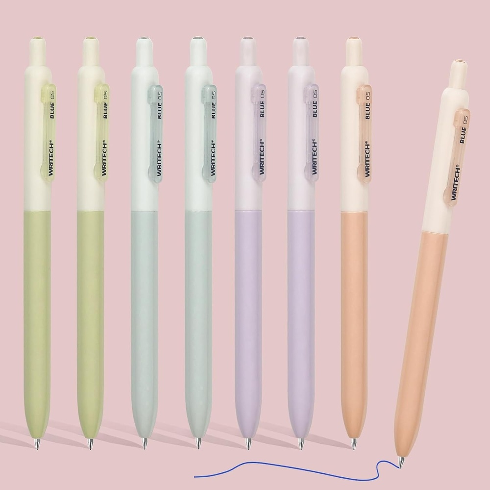 image:imageWRITECH Gel Pens Fine Point Retractable 05mm Blue Ink Silent Click Extra Fine No Smear Smudge Smooth Writing Pen 8ct Bullet Tip Non Bleed for JournalingBlue