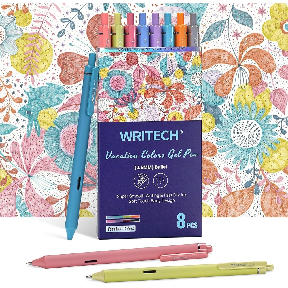 image:imageWRITECH Gel Pens Fine Point Retractable Pen 8ct Vintage Ink Colors 05mm Multi Colored for Smooth Writing Journaling Assorted Coloring Note Taking No Bleed amp Smear amp Smudge Vacation Set