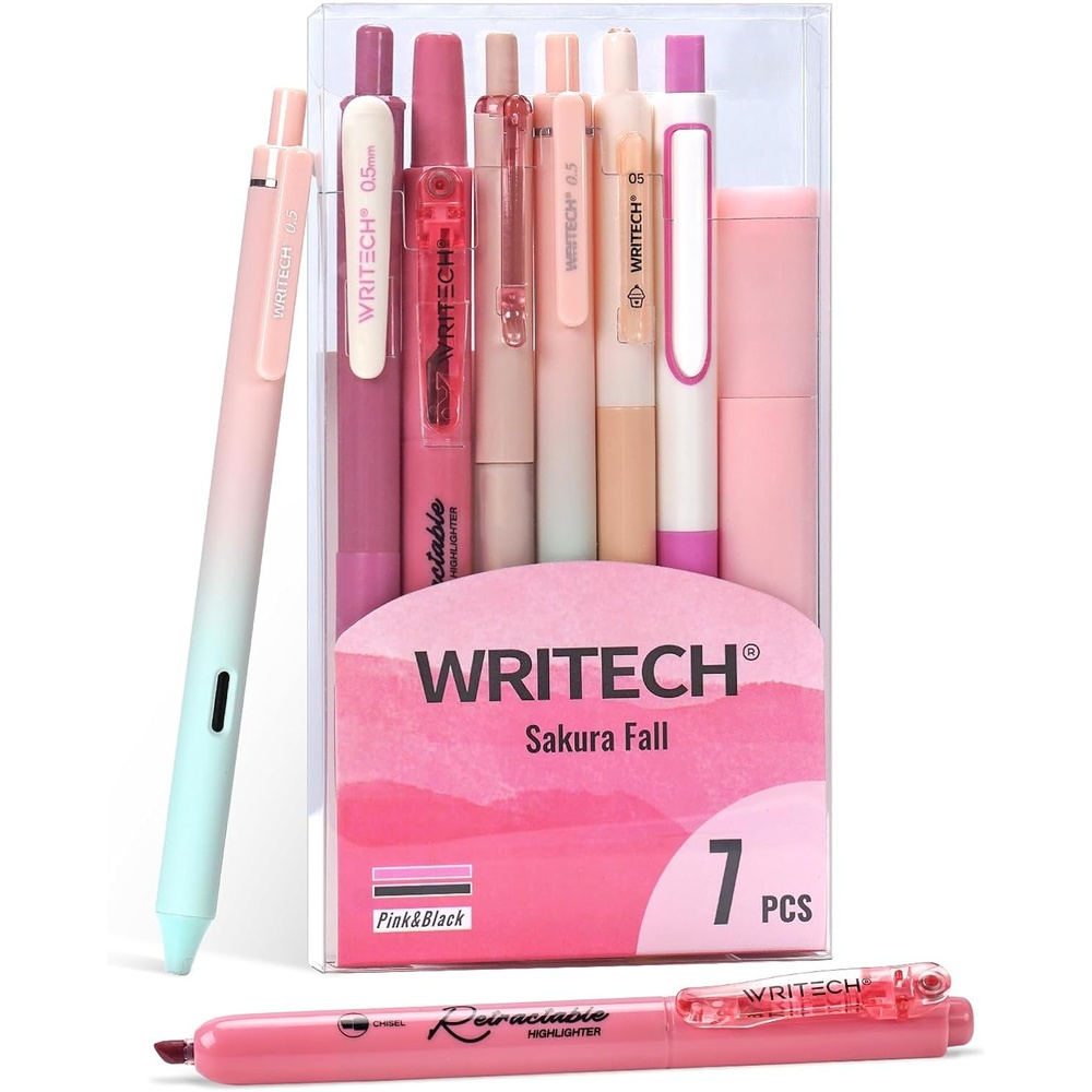 image:imageWRITECH Gel Pens Journaling Highlighters Journal Set Aesthetic Assorted Pastel Color Ink 05mm Fine Point Retractable 07mm Black Pen Smooth Writing Drawing No Bleed 7ct PurplePink