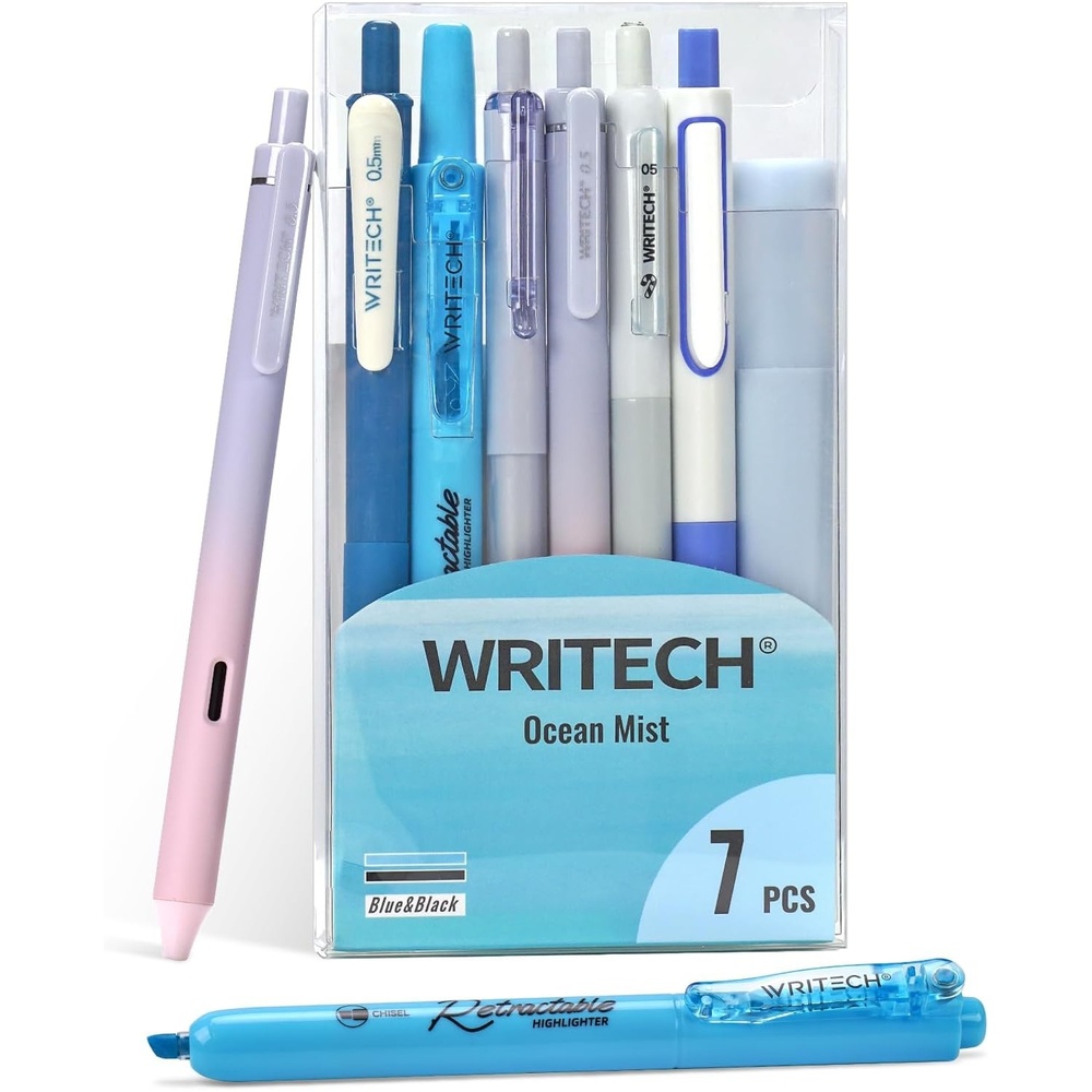 image:imageWRITECH Gel Pens Journaling Highlighters Journal Set Aesthetic Assorted Pastel Color Ink 05mm Fine Point Retractable 07mm Black Pen Smooth Writing Drawing No Bleed 7ct PurpleBlue
