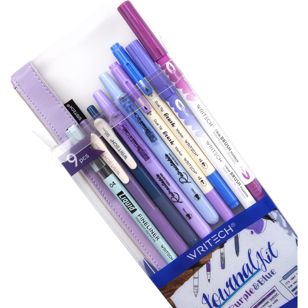 image:imageWRITECH Journaling Kit Gel Ink PensRetractable HighlightersDual Tip Brush PensFineliner Pens Smooth Writing Assorted Colors Journaling Supplies 9 Count with Pen Bag Vitality blue amp greenBlue  Purple