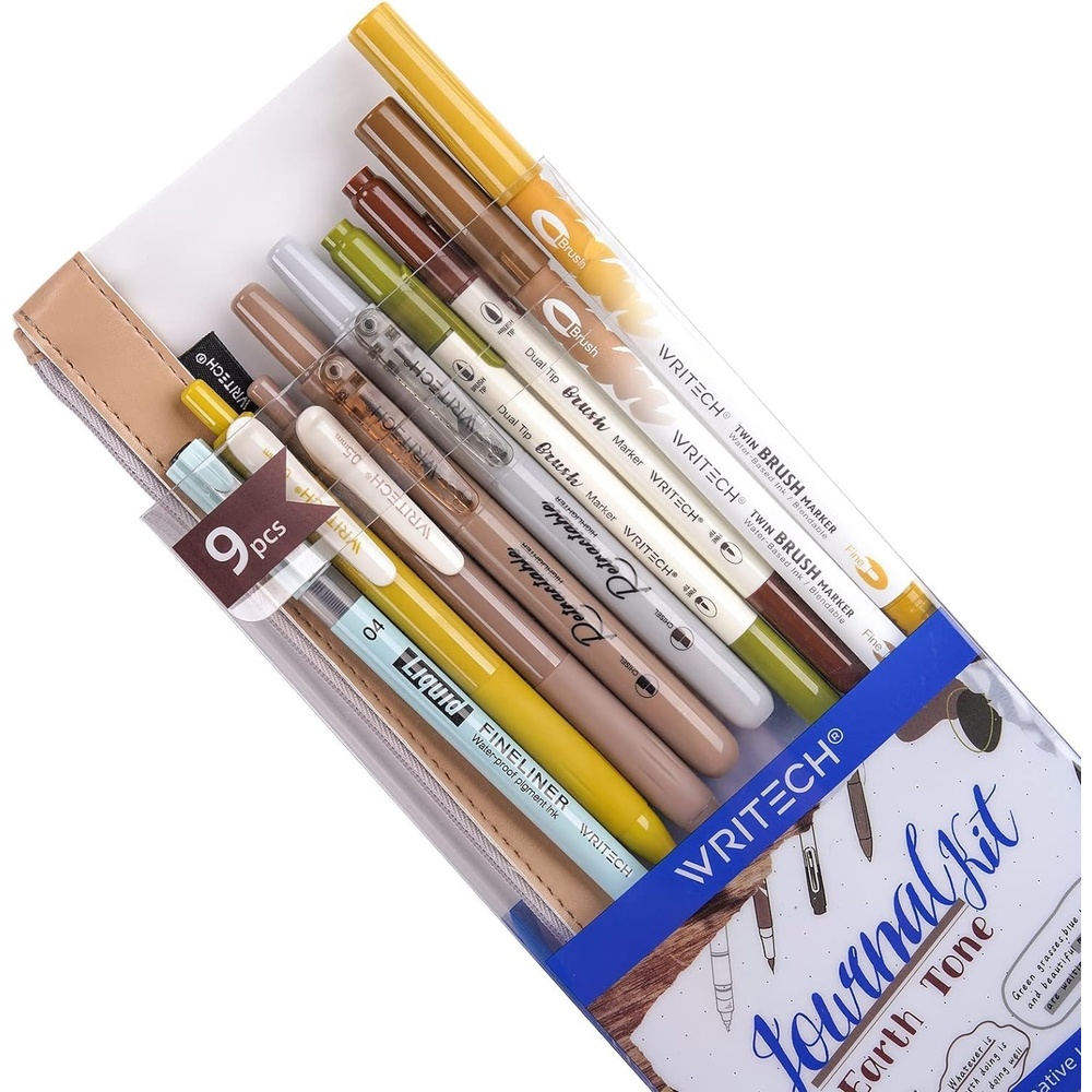 image:imageWRITECH Journaling Kit Gel Ink PensRetractable HighlightersDual Tip Brush PensFineliner Pens Smooth Writing Assorted Colors Journaling Supplies 9 Count with Pen Bag Vitality blue amp greenEarth Tone
