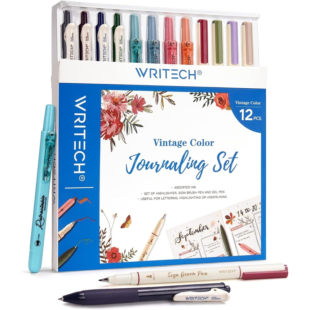 image:imageWRITECH Journaling Pens Set Includes 4 Retractable Highlighters 4 Retractable Gel Ink Pens and 4 Brush Pens No Bleed Assorted Colors 12Count Mild SetVintage